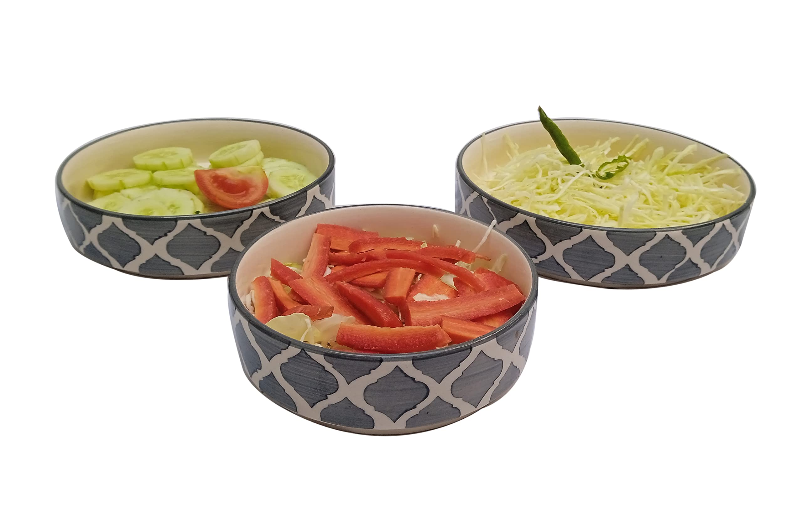 ShilpAlley Classic Mixing and Serving Ceramic Salad Bowls for Serving (Grey Moraccan, Set of 3, Small,Medium and Big)