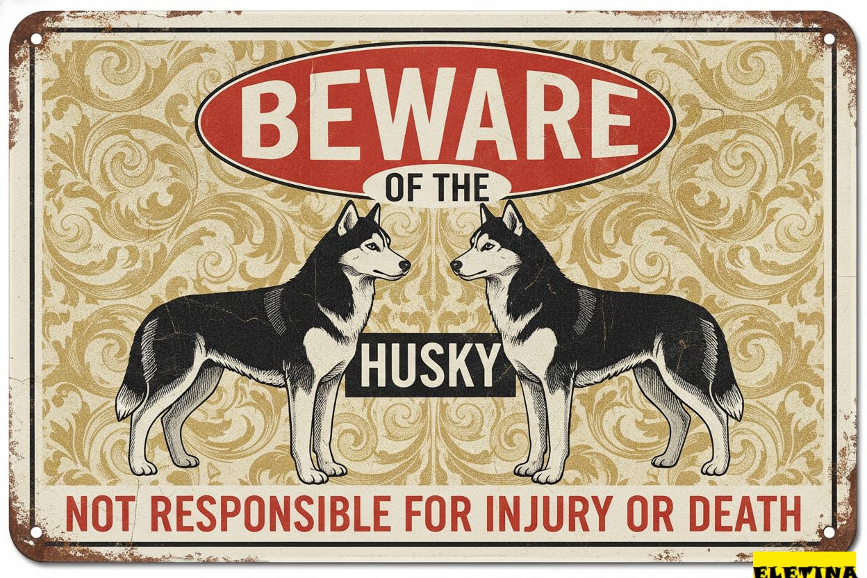 Tin Sign for Man Cave Beware Of The Dog Husky Aluminum Metal Tin S Outdoor Yard Warning Fence Yard Home Kitchen Farm Garden Wall Decor 8x12 Inch Private Property Decorative