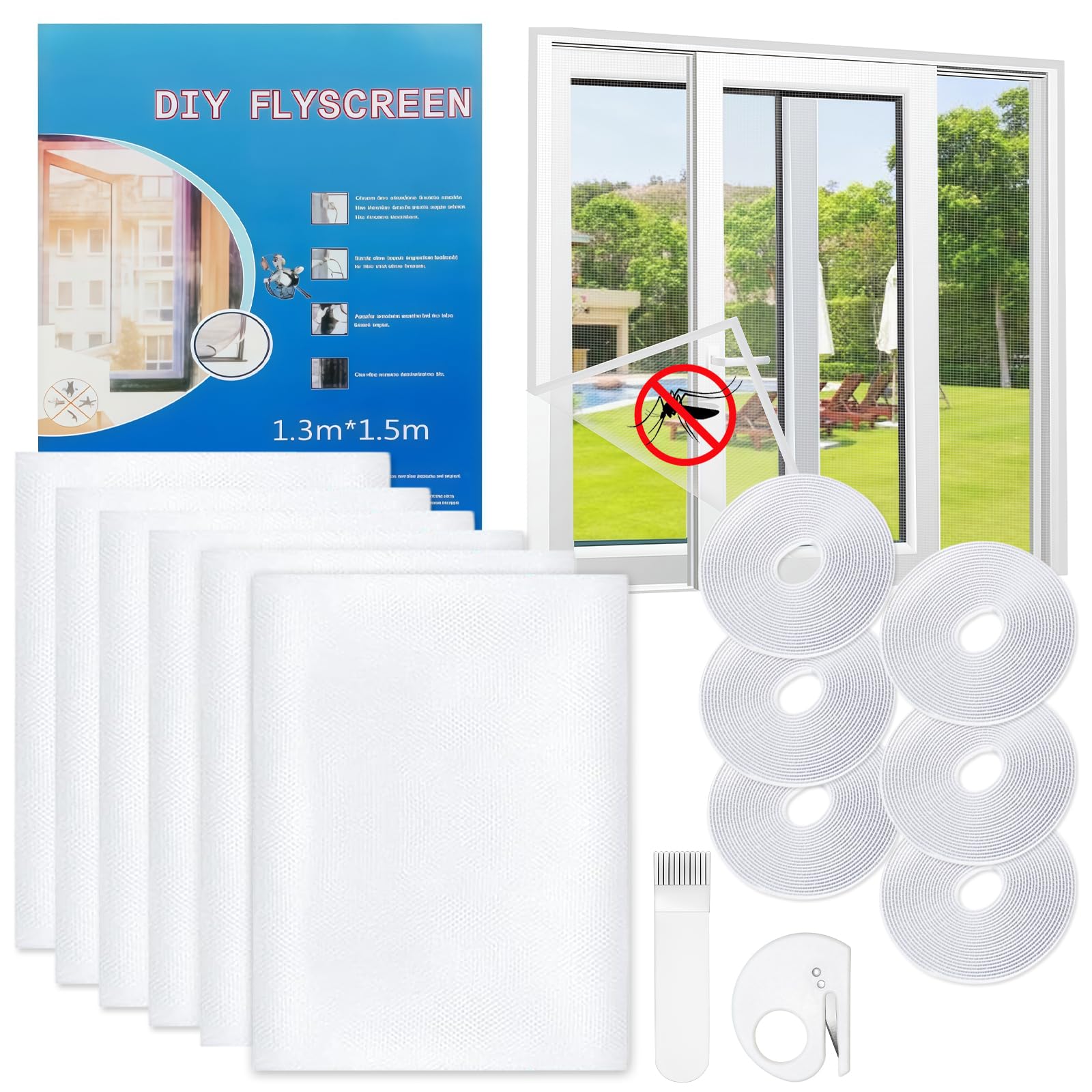Flintronic 6 Pcs Fly Screens for Window, Insect Mesh Window Nets, 130X150CM Window Bug Screen Mosquito Fly Net with 6 Rolls Self-Adhesive Tapes for Many Types of Windows, White