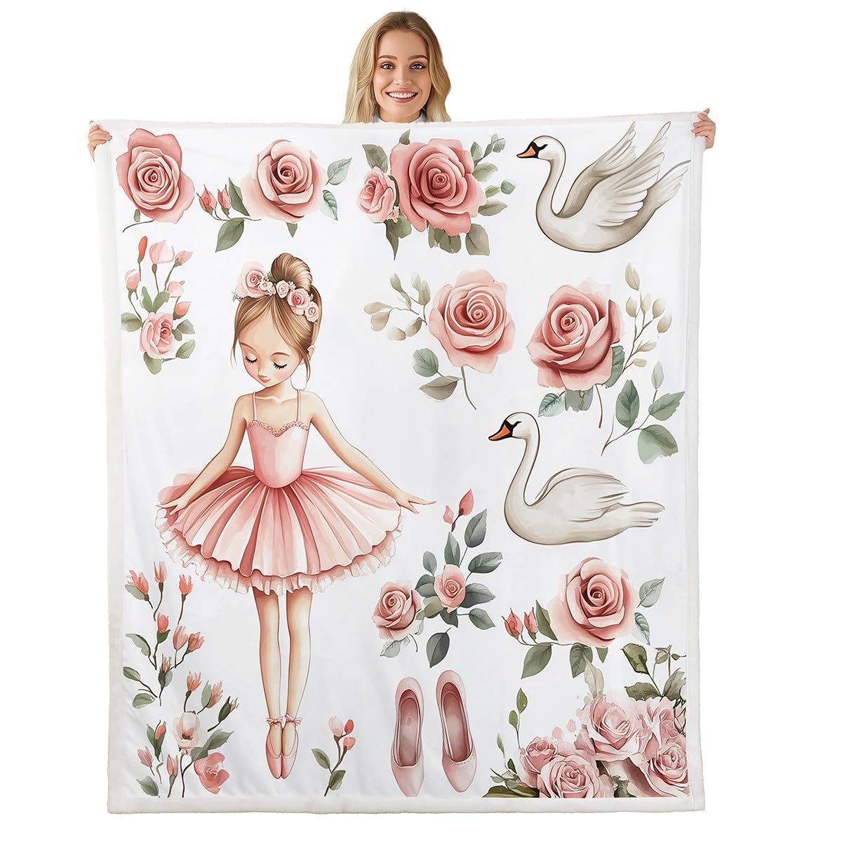 feelingyou Ballet Princess Fleece Blanket,Dreamy Dancing Girl Ballet Shoes Floral Throw Blanket for Sofa Adults,Romantic Pink Roses Flowers White Swan Soft Blanket Bed Couch,Queen (90 x 90 Inches) — image 1