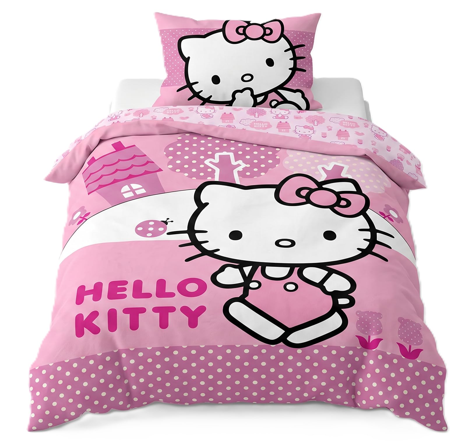 Hello Kitty Kids Bedding Set | Duvet Cover 140x200 cm + Pillowcase 50x70 cm, 100% Cotton | Official Sanrio Soft Breathable Children’s Bed Linen | Cute Hello Kitty Bedroom Set, Hello Kitty - Pink