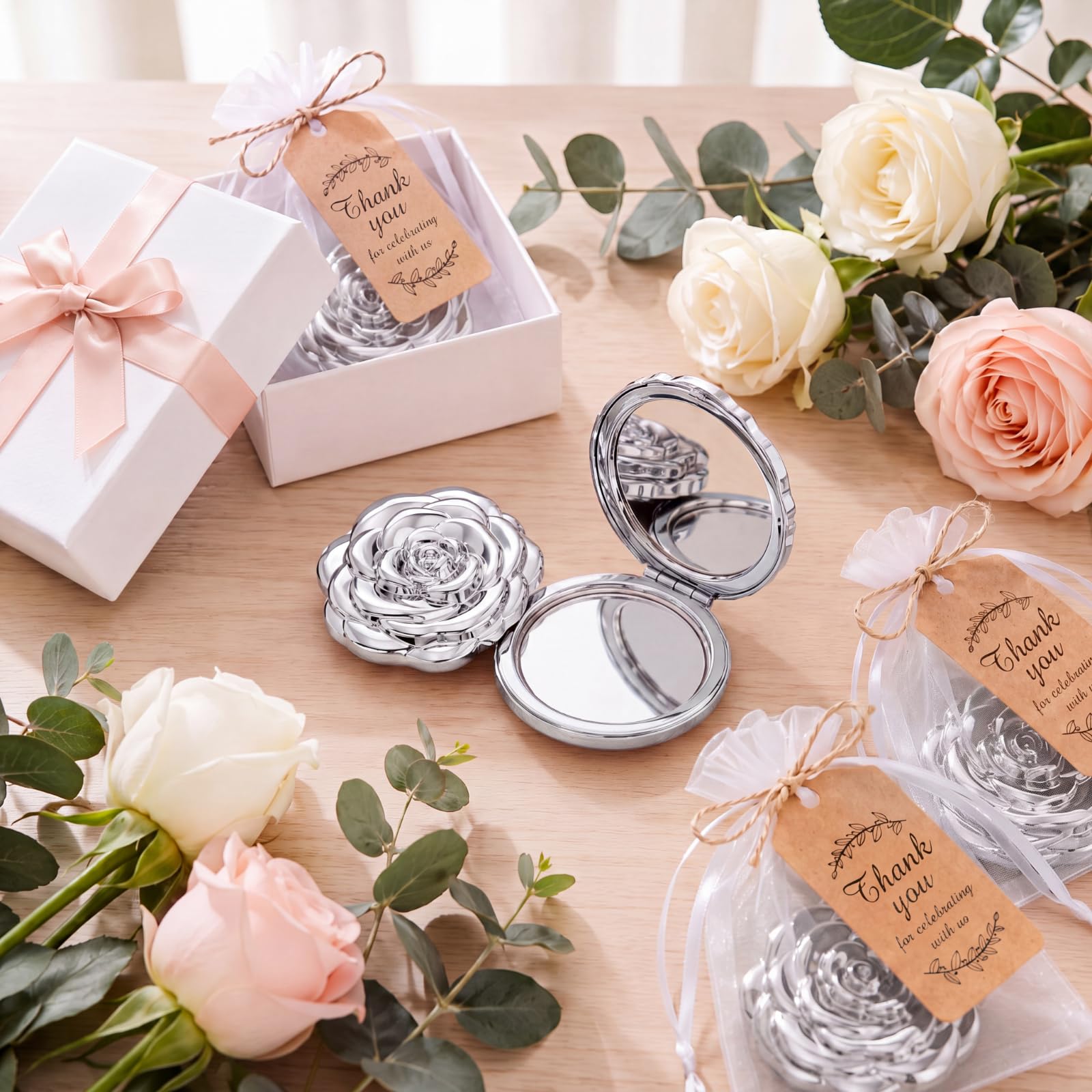 Woanger Quinceanera Taschenspiegel-Set, 36 Stück, süß, 16 Gastgeschenke, Spiegel, Dankeschön-Etiketten, weißer Organza-Beutel für Brautparty, Hochzeit, Junggesellinnenabschied, Souvenir, Gastgeschenk