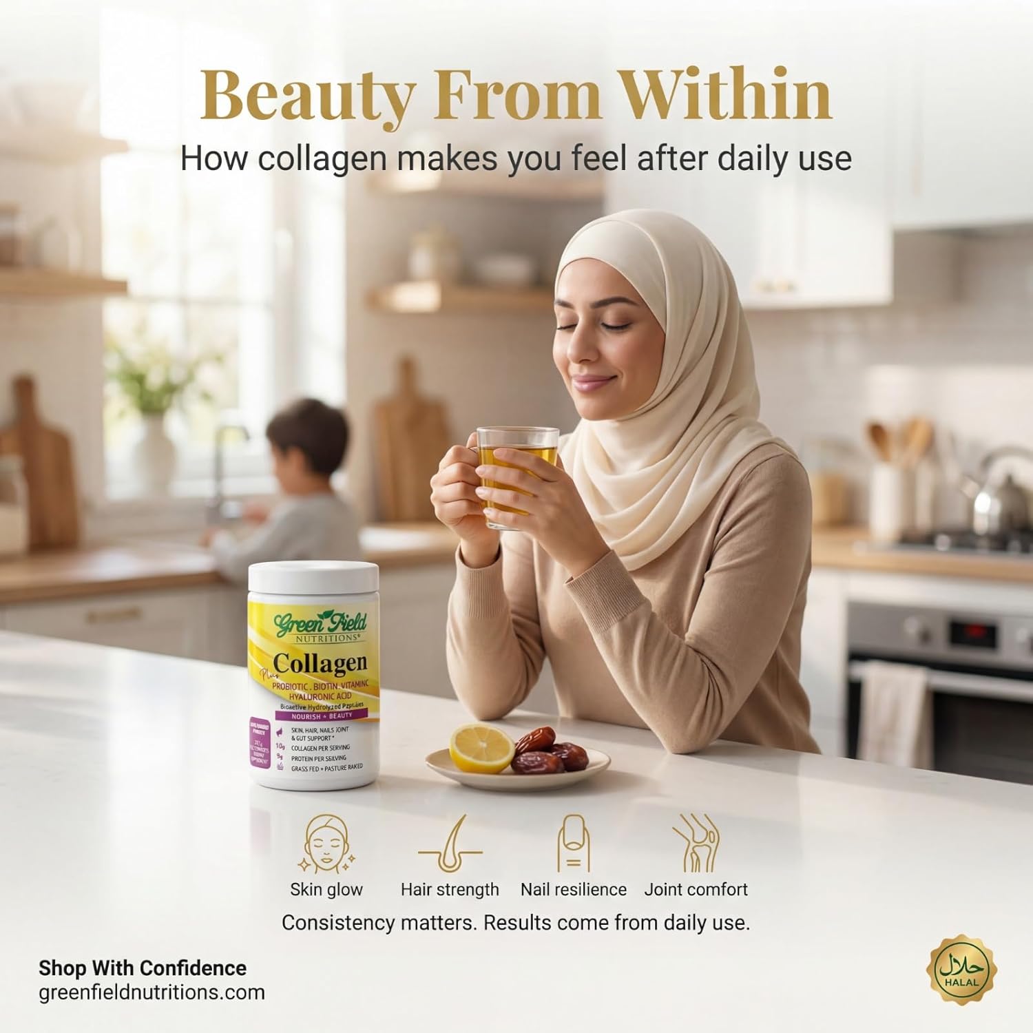 Greenfield Nutritions Halal Collagen Peptides Powder - 9g Halal Protein Probiotic, Biotin, Hyaluronic Acid & Vitamin C - 270g Halal Collagen for Women & Men - Supports Hair, Skin, Nails, Joints & Gut - Image 3