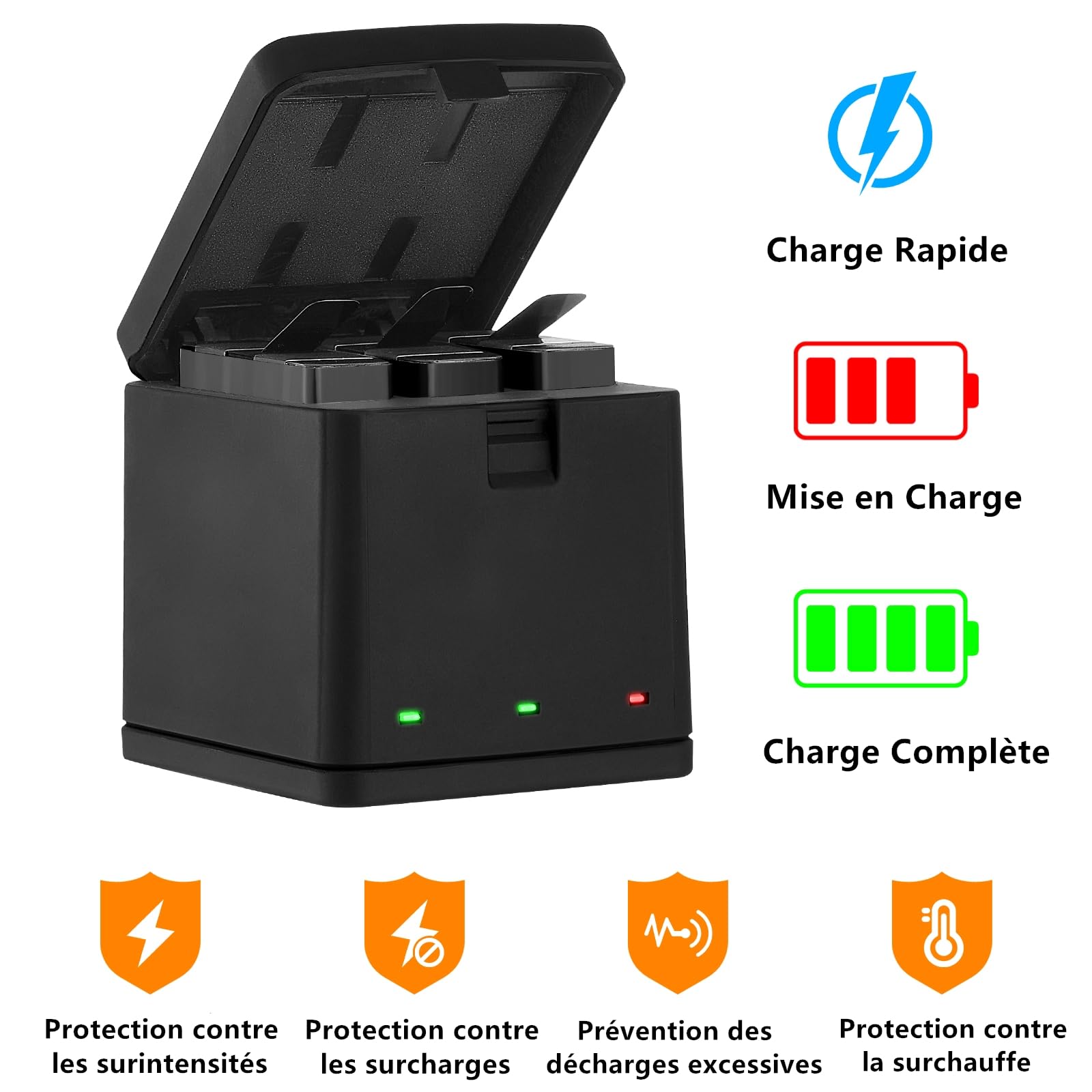 Vemico Hero 7/6/5 Batterie Chargeur Kit 3 Pack 1500mAh Remplacement Batteries Type-C LED Chargeur 3-Canaux pour Hero 7 Black/ 6/5 Black/Hero 2018 (Compatible avec l'original)