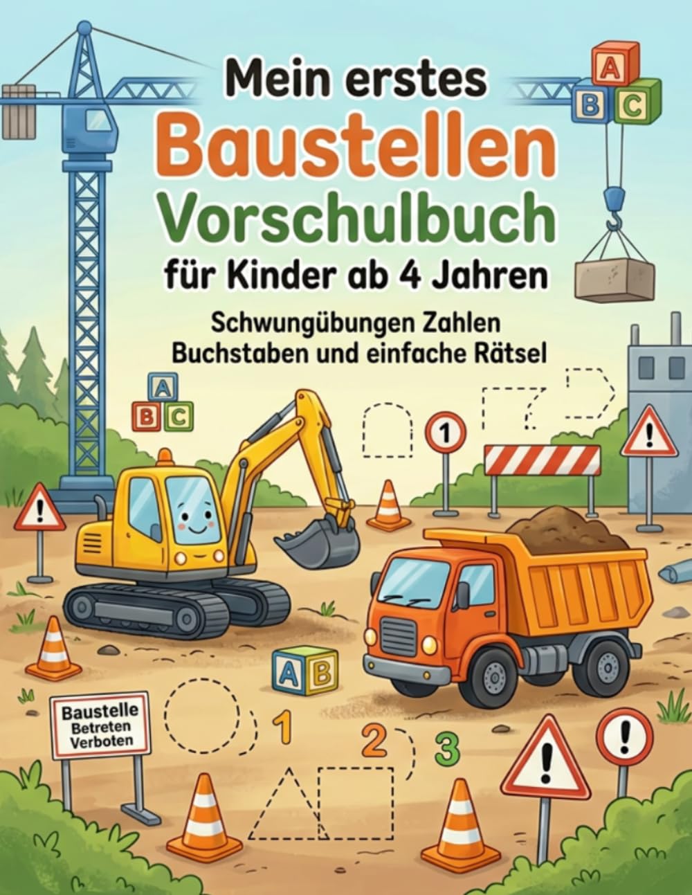 Mein erstes Baustellen Vorschulbuch für Kinder ab 4 Jahren: Schwungübungen Zahlen Buchstaben und einfache Rätsel
