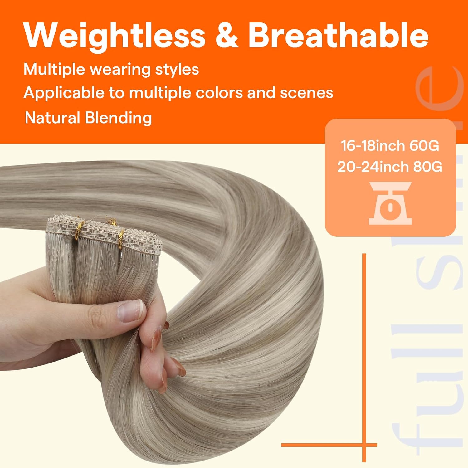 Full Shine Invisible Weft Hair Extensions Sew In, Color 18P613 Ash Blonde Highlight Bleach Blonde, Flat Weft Extensions Real Human Hair, Soft Remy Hair, 16 Inch 60G thumbnail