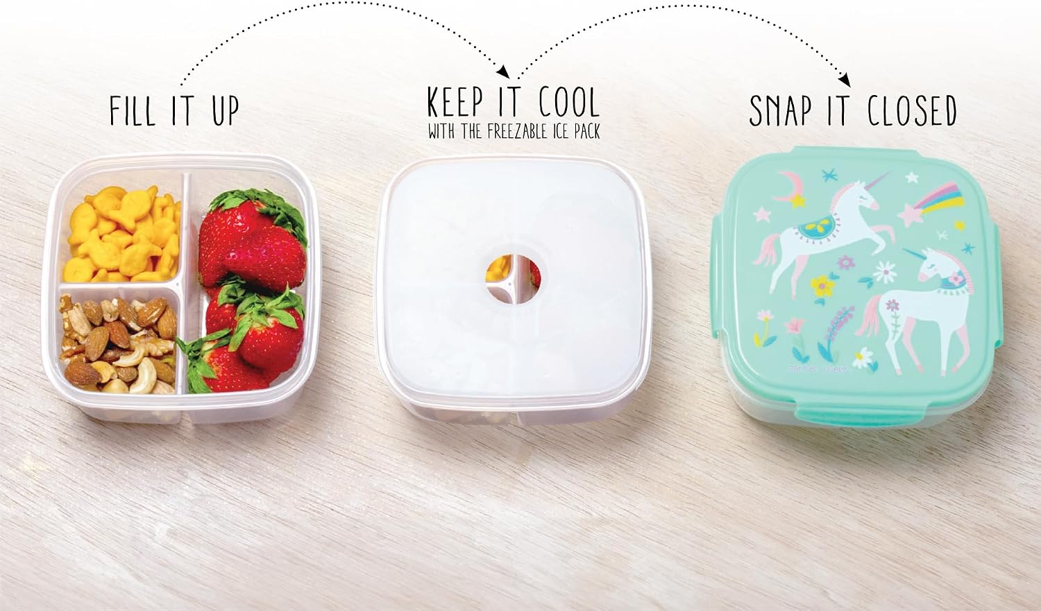 Stephen Joseph, Kids Snack Box with Ice Pack, Leak Resistant Bento Lunch Container for School, 3 Compartment Food Storage for Boys & Girls, Transportation