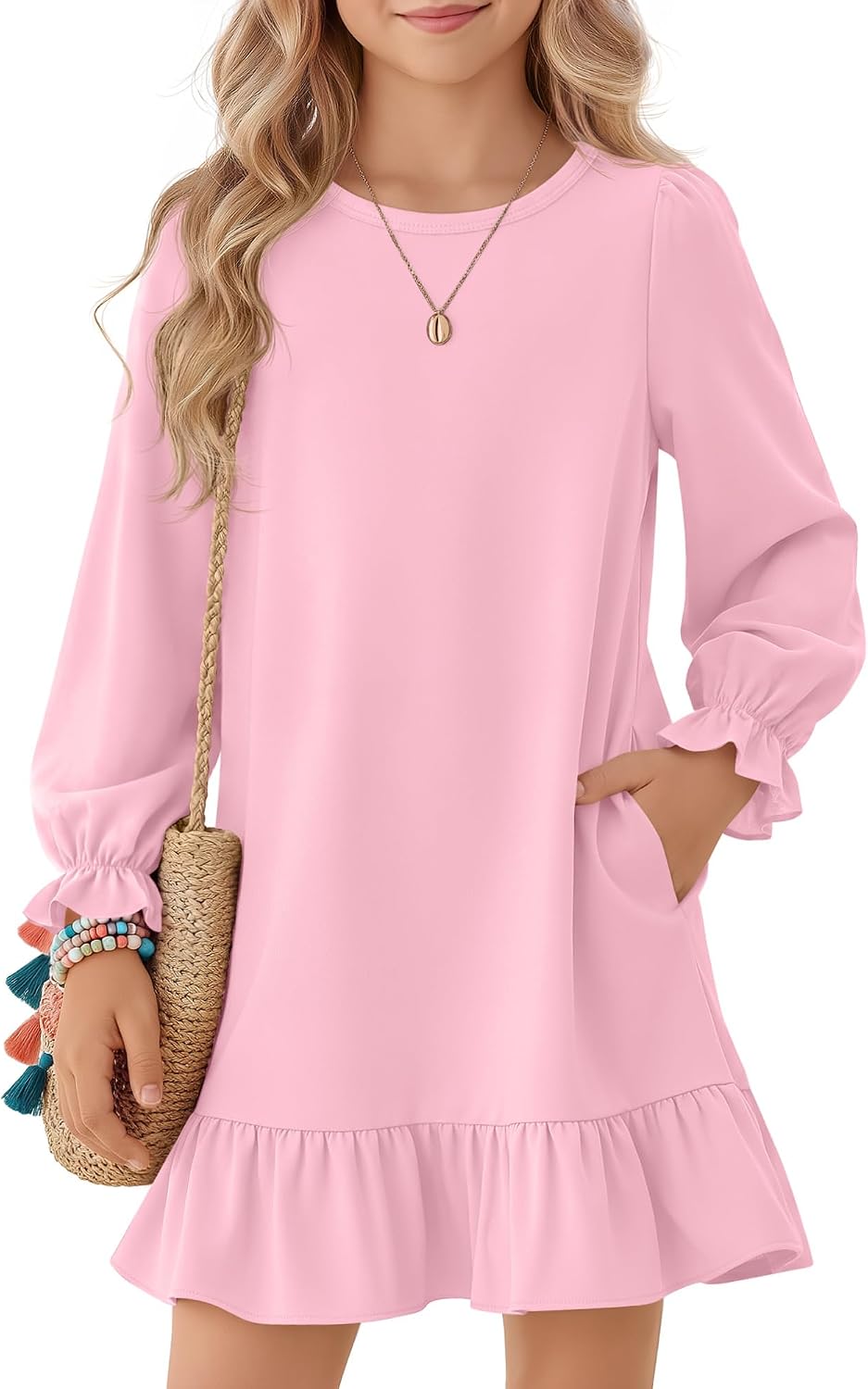 Halfchet Girls Long Sleeve Dresses Kids Ruffle Hem Dress
