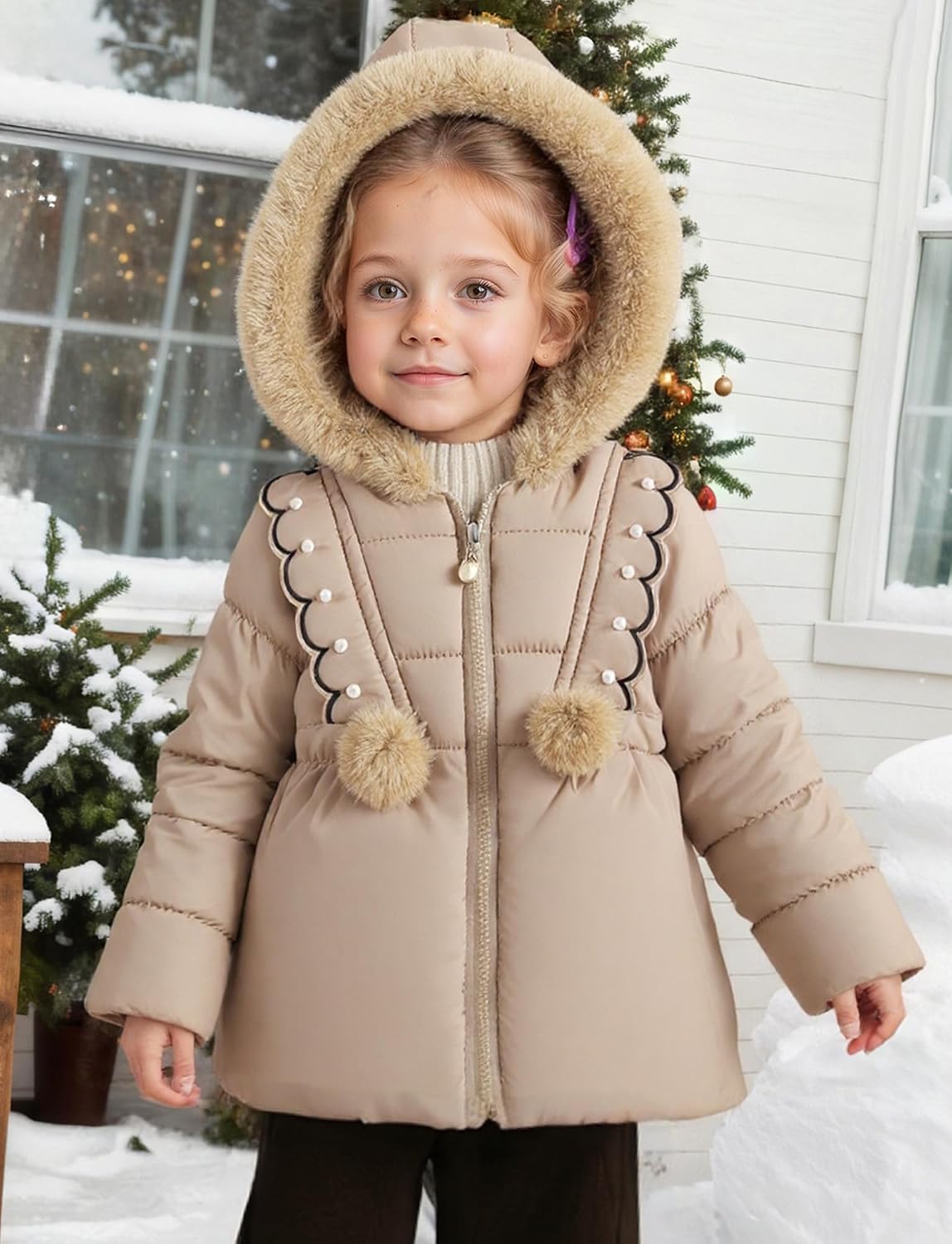 Happy Cherry Toddler Girls Winter Jacket Coats - Kids Cute Lace Fleece Warm Puffy Hooded Outwear Heavy Parka 1-4 Years
