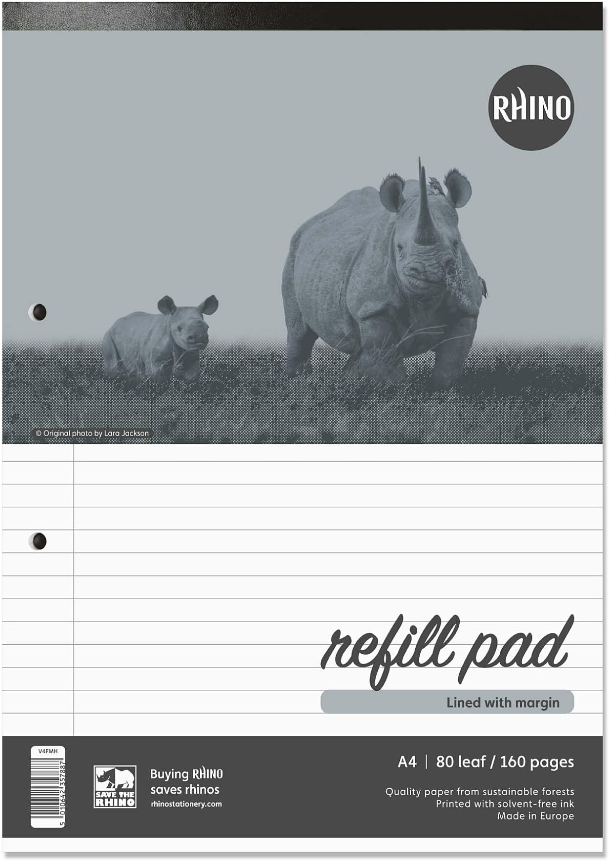 RHINO A4 Refill Pad, Writing Pad, 160-Page / 8mm Lined with Margin, 1-Pack, White Hole Punched Top Binding Writing Paper, Office & School Stationery Supplies