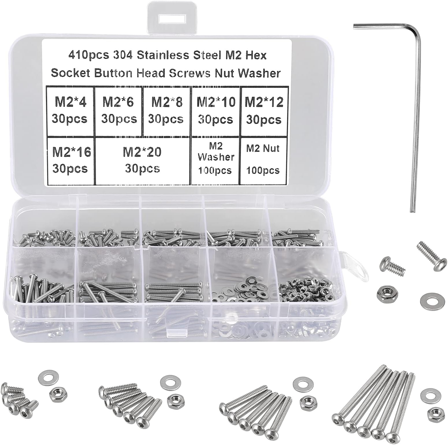 HanTof 410Pcs Tiny Button Head Hex Socket Cap Screw Bolts, 304 Stainless Steel, M2 x 4/6/8/10/12/16/20mm Micro Allen Head Machine Screws, Nuts and Washers Kit with Hex Key, Fully Threaded Pitch: 0.4mm