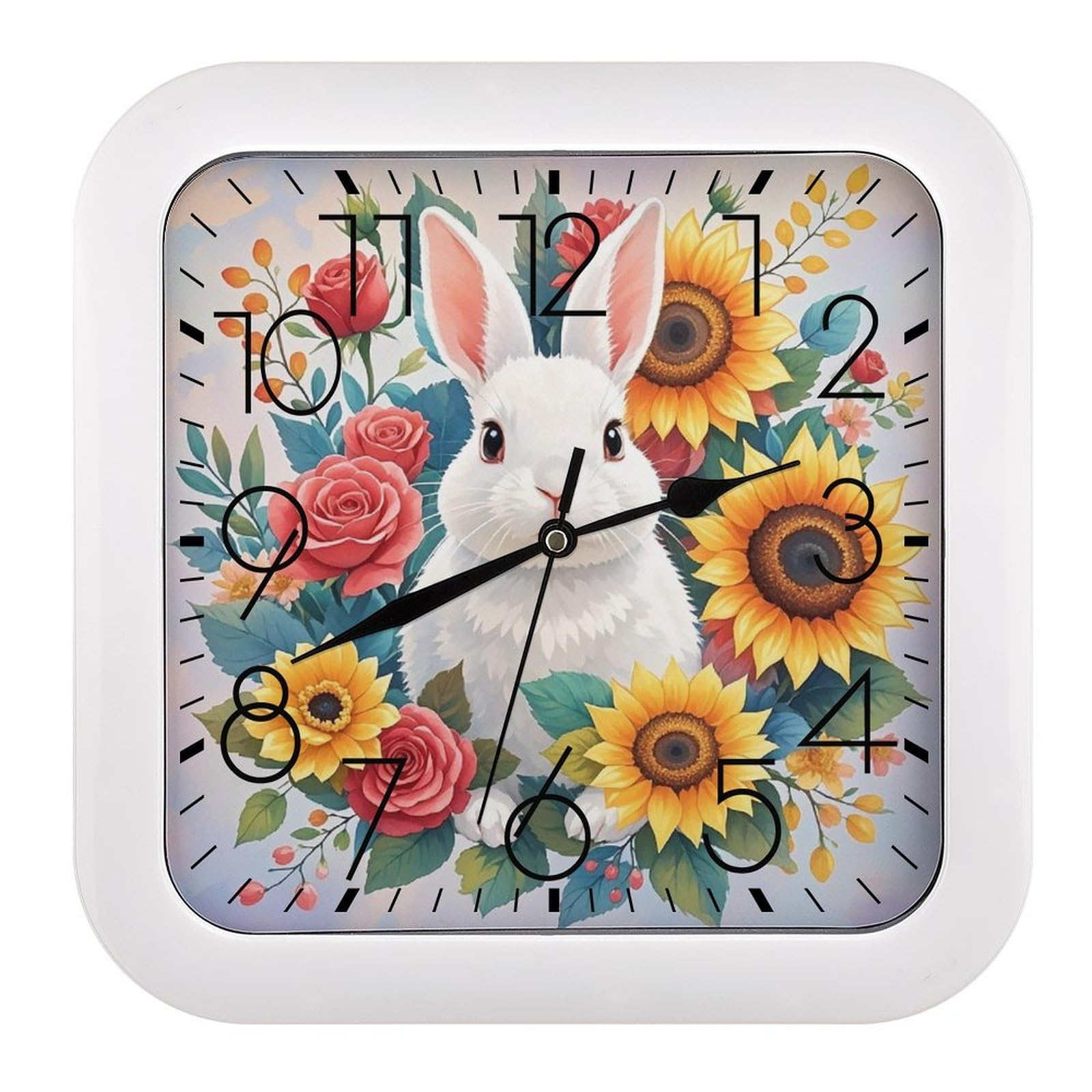 LZQPOEAS Watercolor Rabbit and Flowers Wall Clock Fashionable Versatile Silent Wall Clock Simple Elegant Non Ticking Analog Clocks Easy to Install Square Modern Clocks for Home Decoration