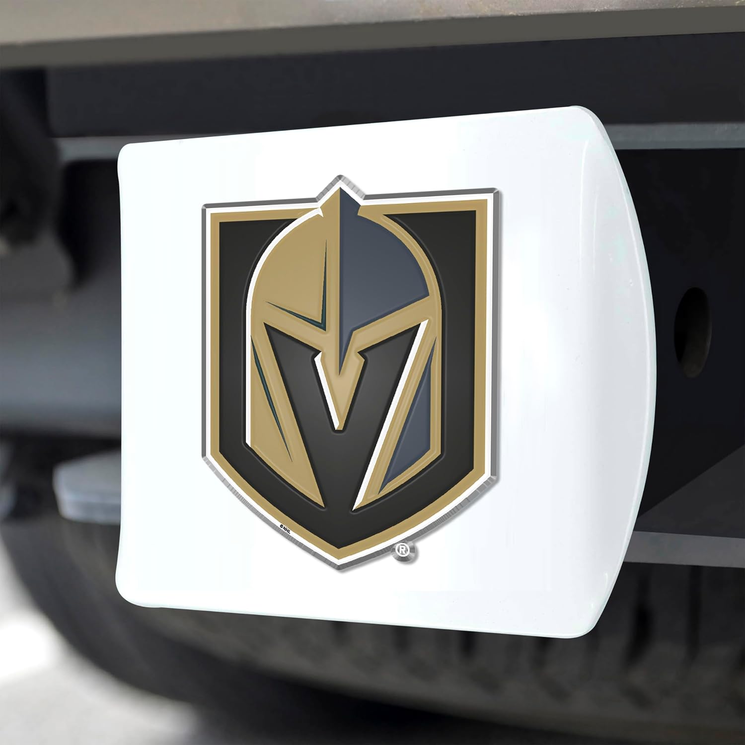 FANMATS 43908 NHL - Vegas Golden Knights Color Hitch Cover - White with Metal Chrome 3D Logo Emblem – Easy Installation on Truck, SUV, Car - Ideal Gift for Die Hard NHL Fan