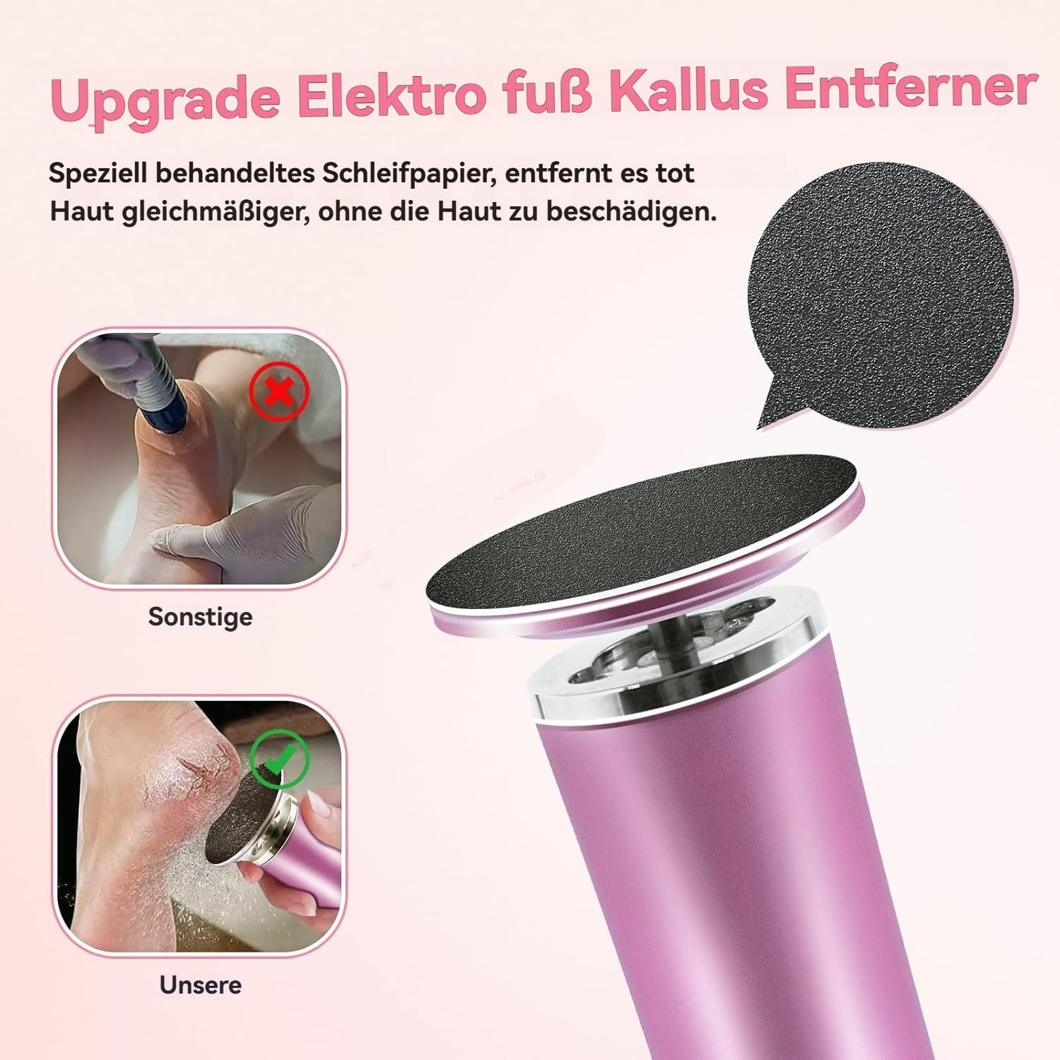 Dermaglide Hornhaut Entferner, DermaGlide Pro, Hornhautentferner Elektrisch mit 60 Schleifpapierscheiben, für Abgestorbene Haut, Rissige Haut, Schwielen (Rosa)