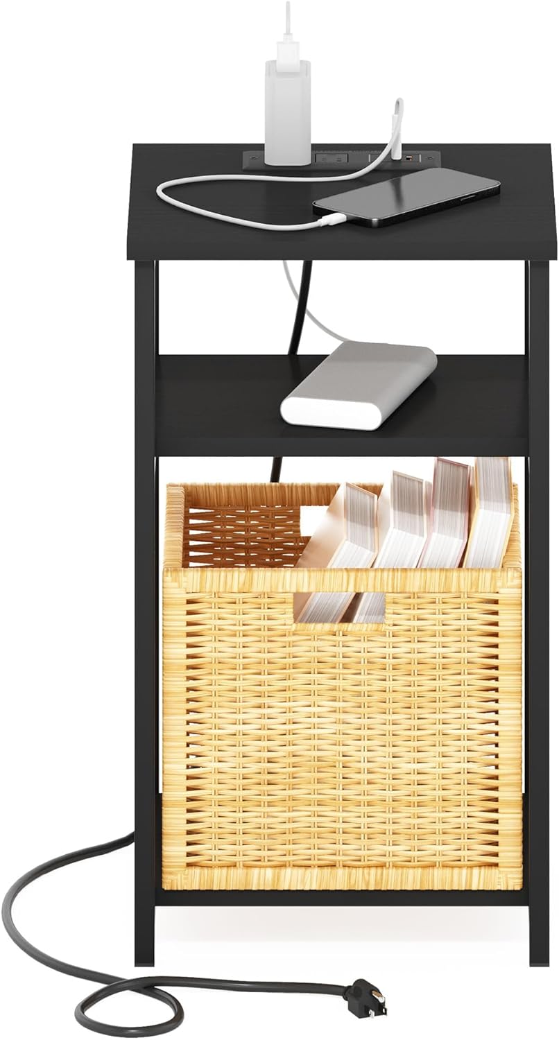 Furinno Moretti Side Table, 3-Tier Modern End Table with Charging Station, Metal Frame Night Stand, Bedside Table with USB and Type-C Charging Port, for Living Room, Bedroom, Americano