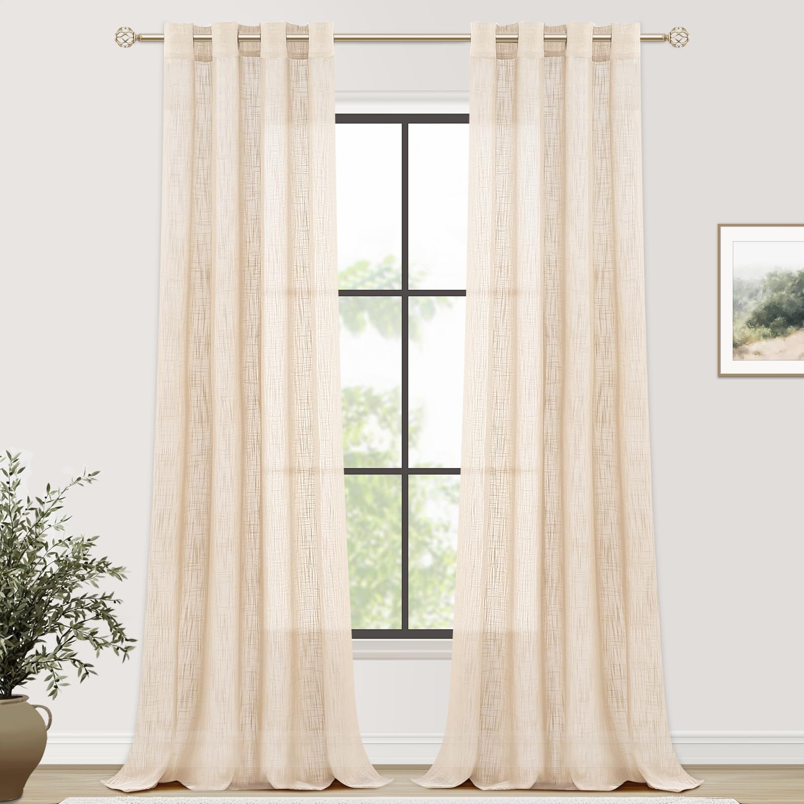 MRTREES Cortinas de Dormitorio Comedor Salon Cocina Habitacion 2 Piezas 140×245cm Visillos Beige Translúcidas Modernas de Lino Aspecto con Ojales para Ventanas Sala para Niños Sala Cuarto Baño