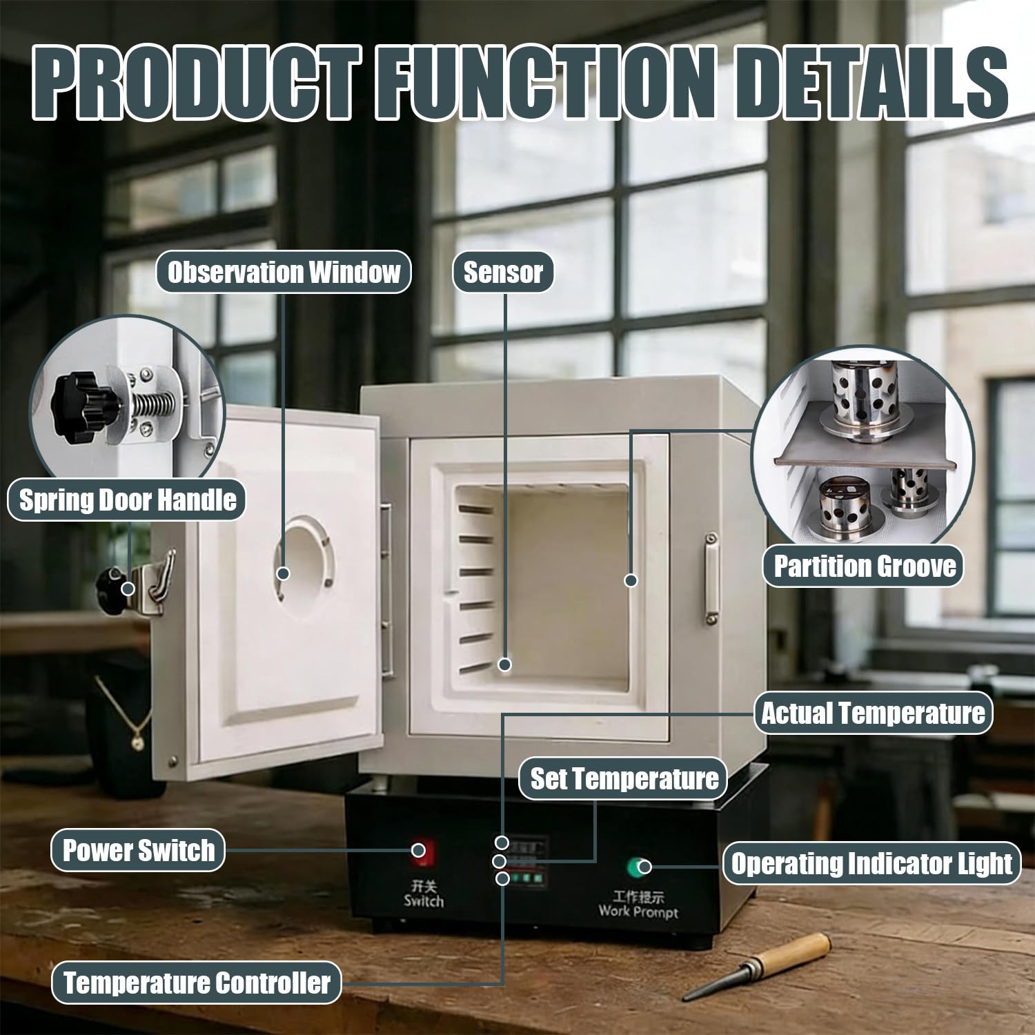 Keramikbrennofen Elektrisch, 1750 Brennofen Ton Keramik Zuhause, 0–1150 °c Einstellbar, Dreiseitige Beheizung, Mit LED-Display Und Beobachtungsfenster, Pid-Digitalregelung