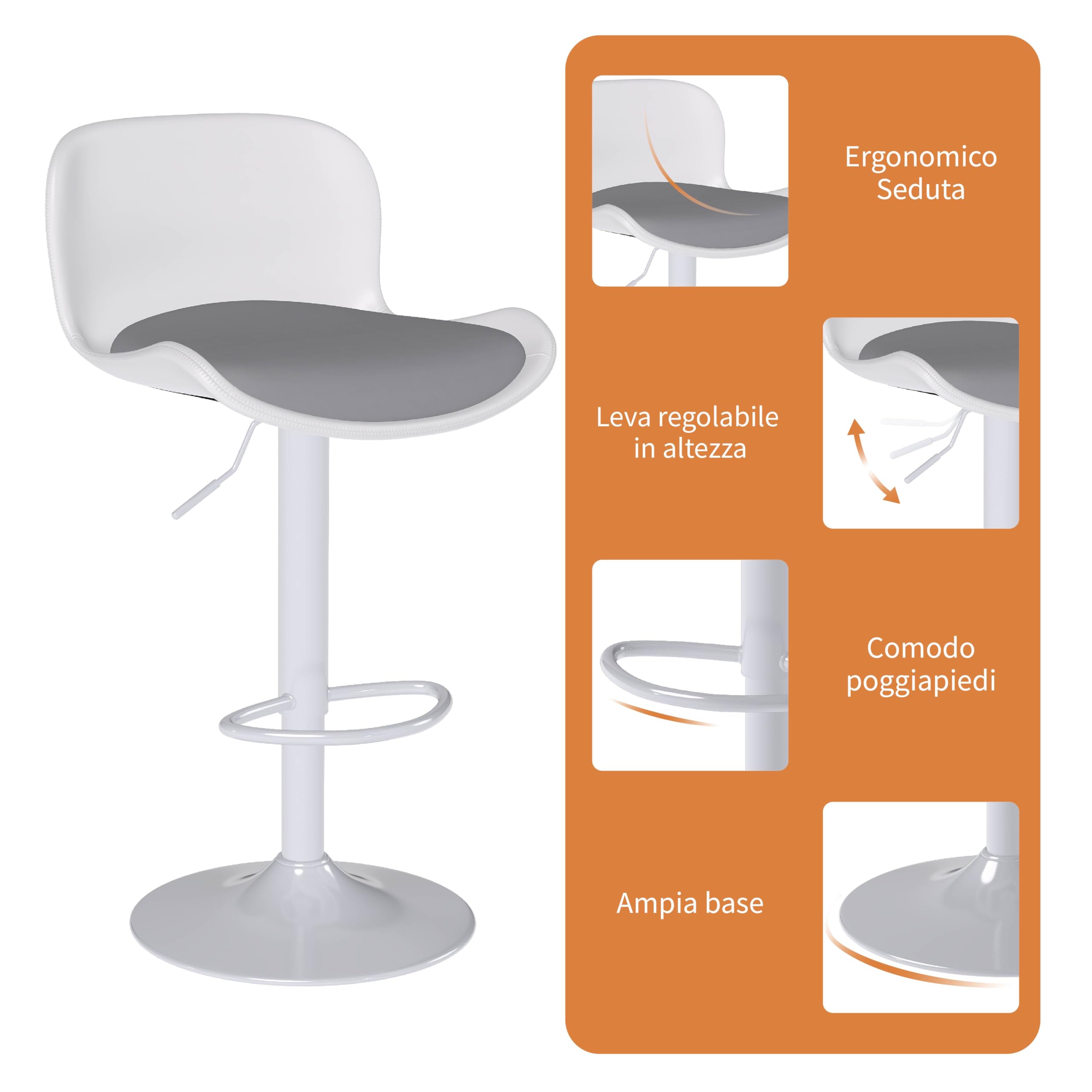 Flysky Sgabelli da bar Set di 3, Sedia girevole a 360°, regolabile in altezza, Sgabello da bar con schienale e poggiapiedi, Sgabello da cucina in similpelle 120kg, Bianco/grigio