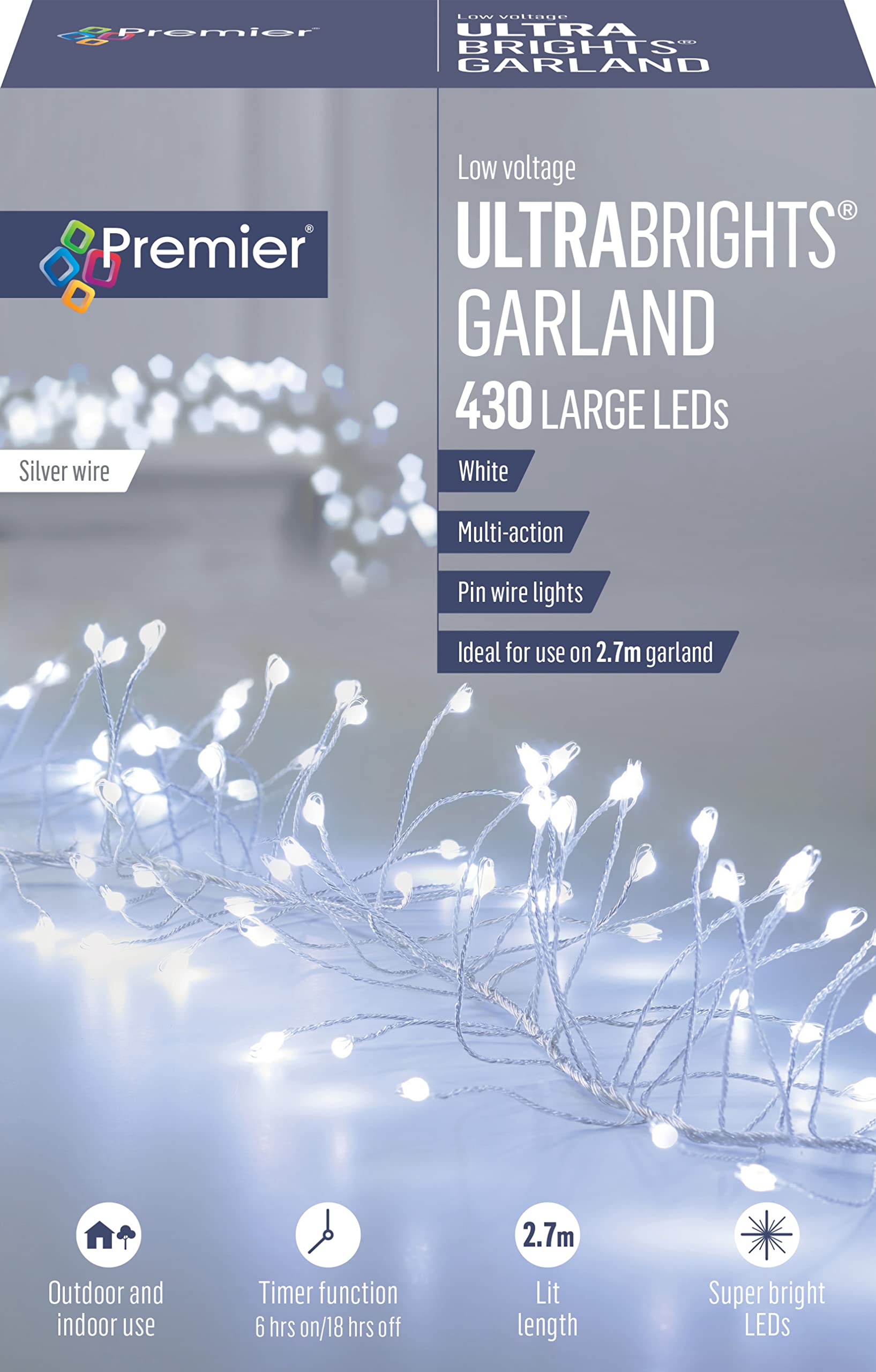 Premier Decorations UltraBrights Multi-Action Garland with Timer 430 LED - White