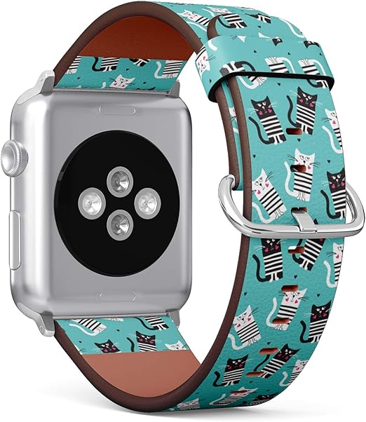 Amazon Apple Watch 4 3 2 1スポーツシリーズ 42mm 用s型iwatchレザーストラッププリントリストバンド ターコイズの背景にかわいい猫のイラスト入り スマートウォッチアクセサリ 通販