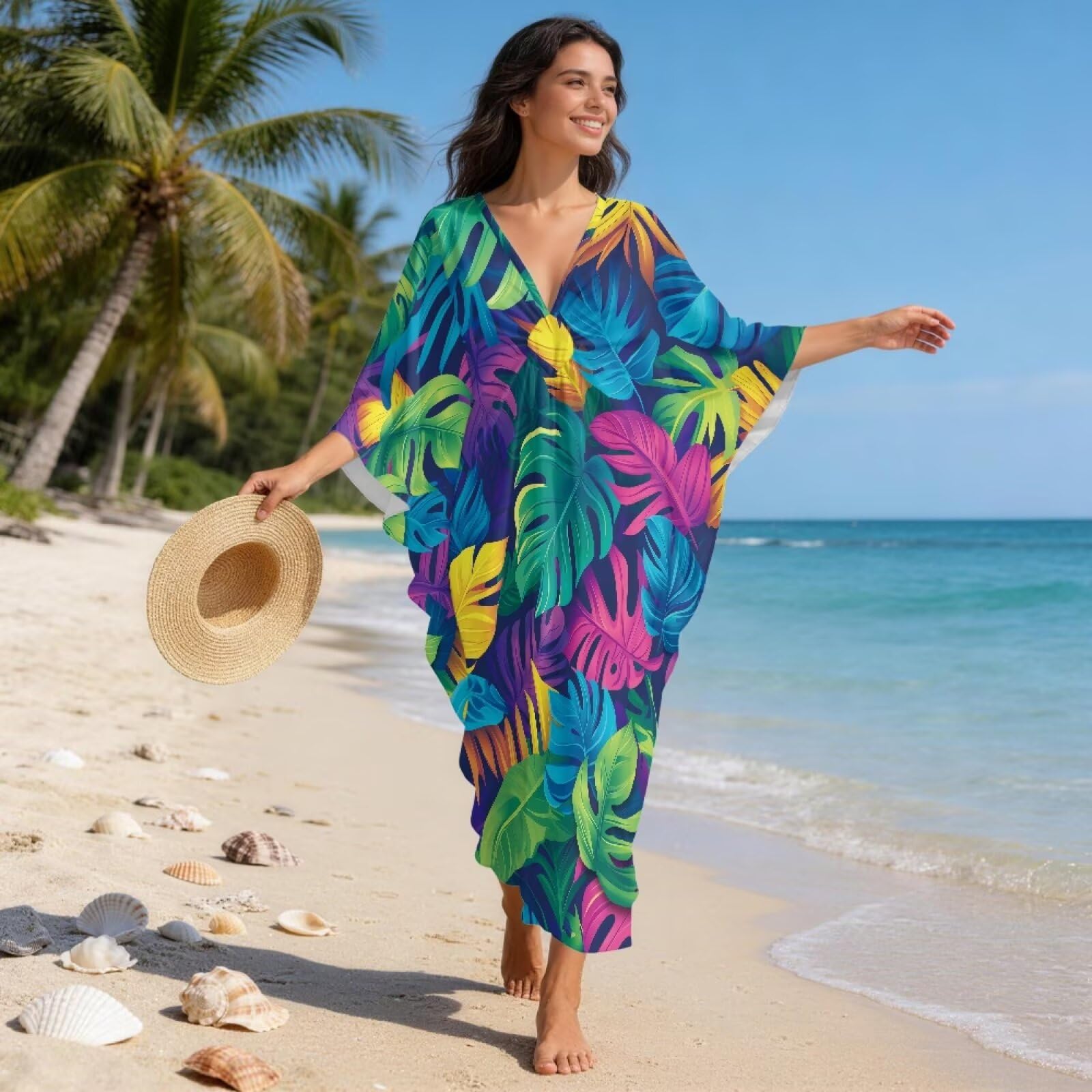 Poceacles Sukienki kaftan dla kobiet plus size dekolt w serek strój kąpielowy okrycie plażowe letnia sukienka na wakacje przyjęcie przy basenie