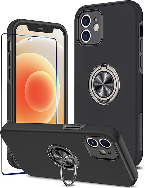 KRAFTCARE Case Compatible for iPhone 12 with Kickstand Ring and Screen Protector, Shockproof and Anti Scratch Magnetic Built-in Ring Stand Case Compatible for iPhone 12 - Black