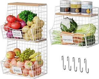 3 Pack Hanging Fruit Basket for Kitchen with Wood Lid - Onion and Potato Storage Fruit Bowl with Nameplate for Counter&Wall Mounted, Stackable Storage Basket,11.81 * 8.66 * 10.63inch