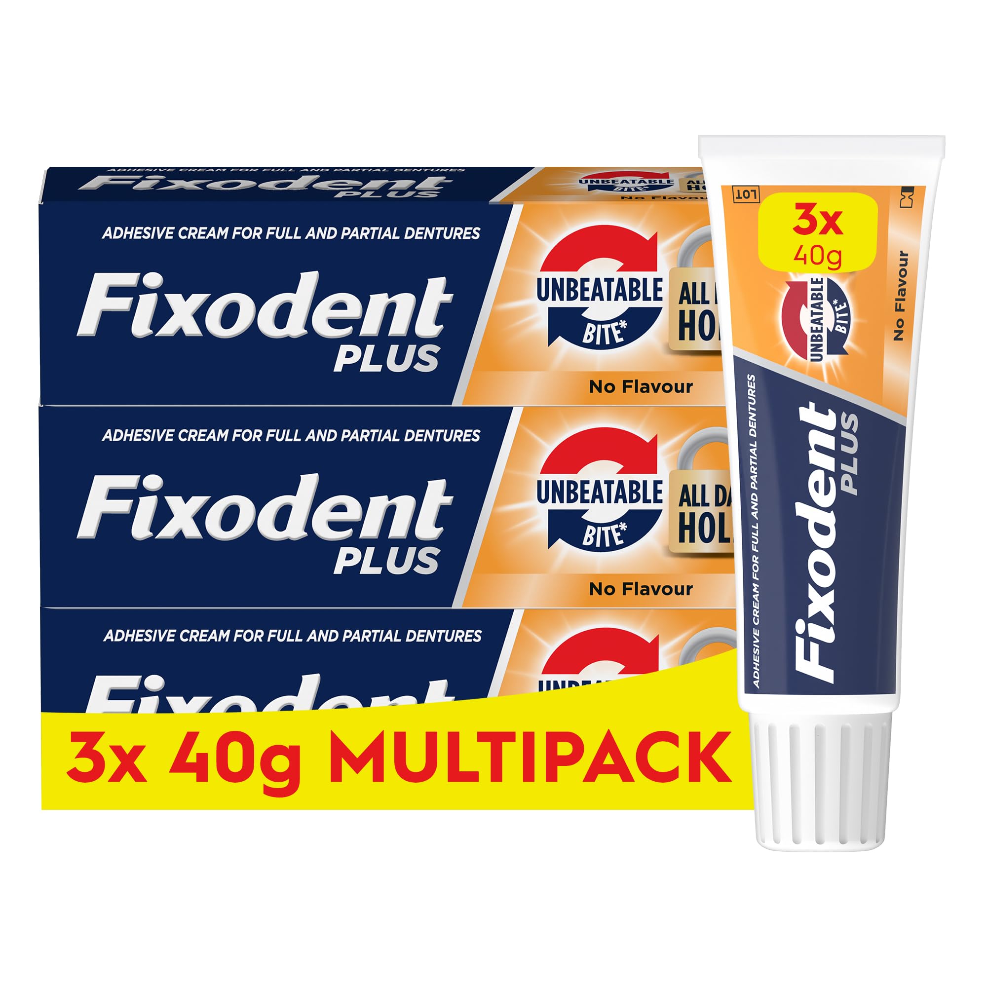 Fixodent Plus Unbeatable Bite Denture Adhesive, Flavour Free 40g (Pack of 3)