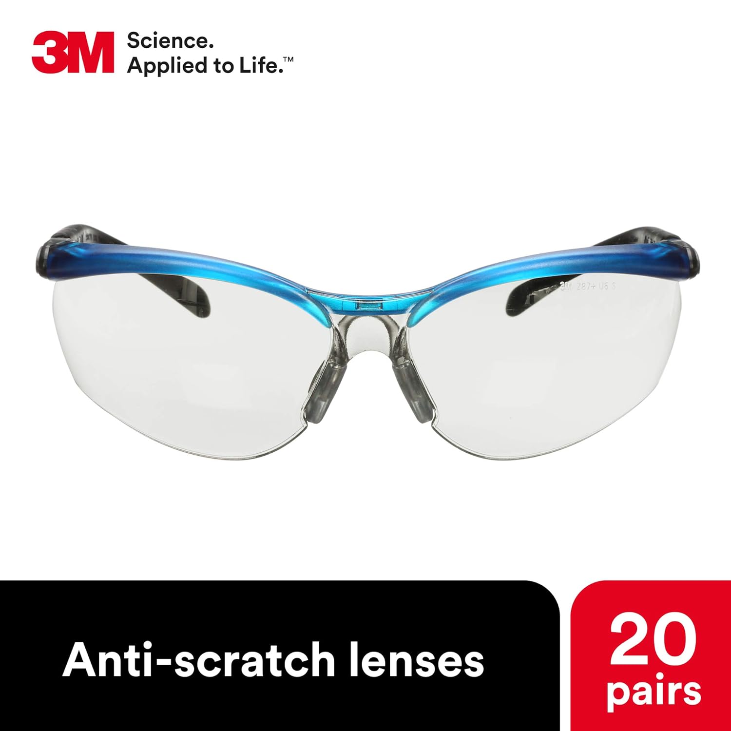 70% Off Discount 3M BX Safety Glasses, 20 Pair, ANSI Z87, Ocean Blue Frame, Anti-Scratch Indoor/Outdoor Clear Lens, Adjustable Length Temples and Lens Angle