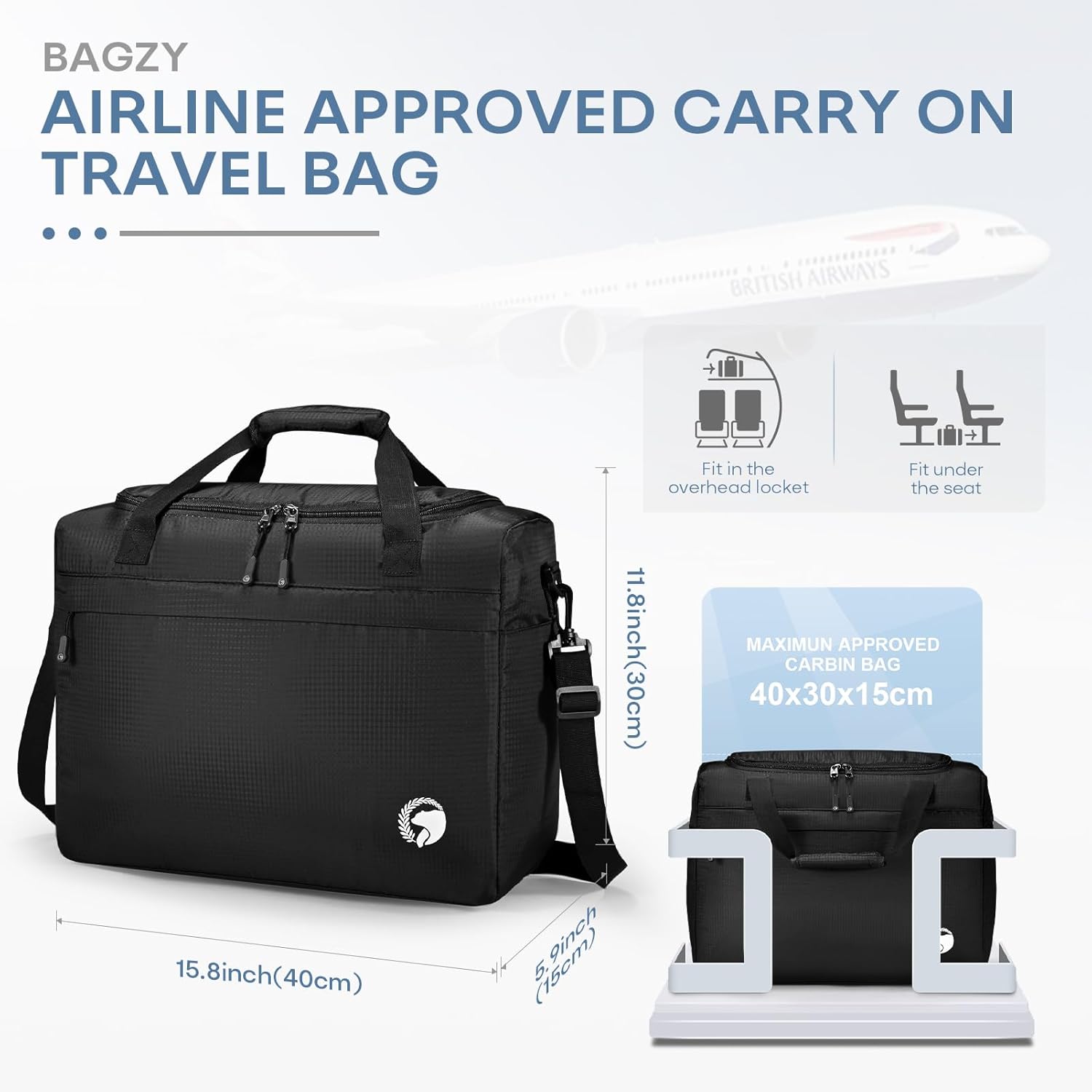 40x30x15cm Personal Item Travel Bag 16x12x6 inch Lightweight Gym Bag Foldable Duffle Bag Mens Water-resistant Weekender Bags for Women for Overnight Hospital Carry on Bags for Airplanes Black