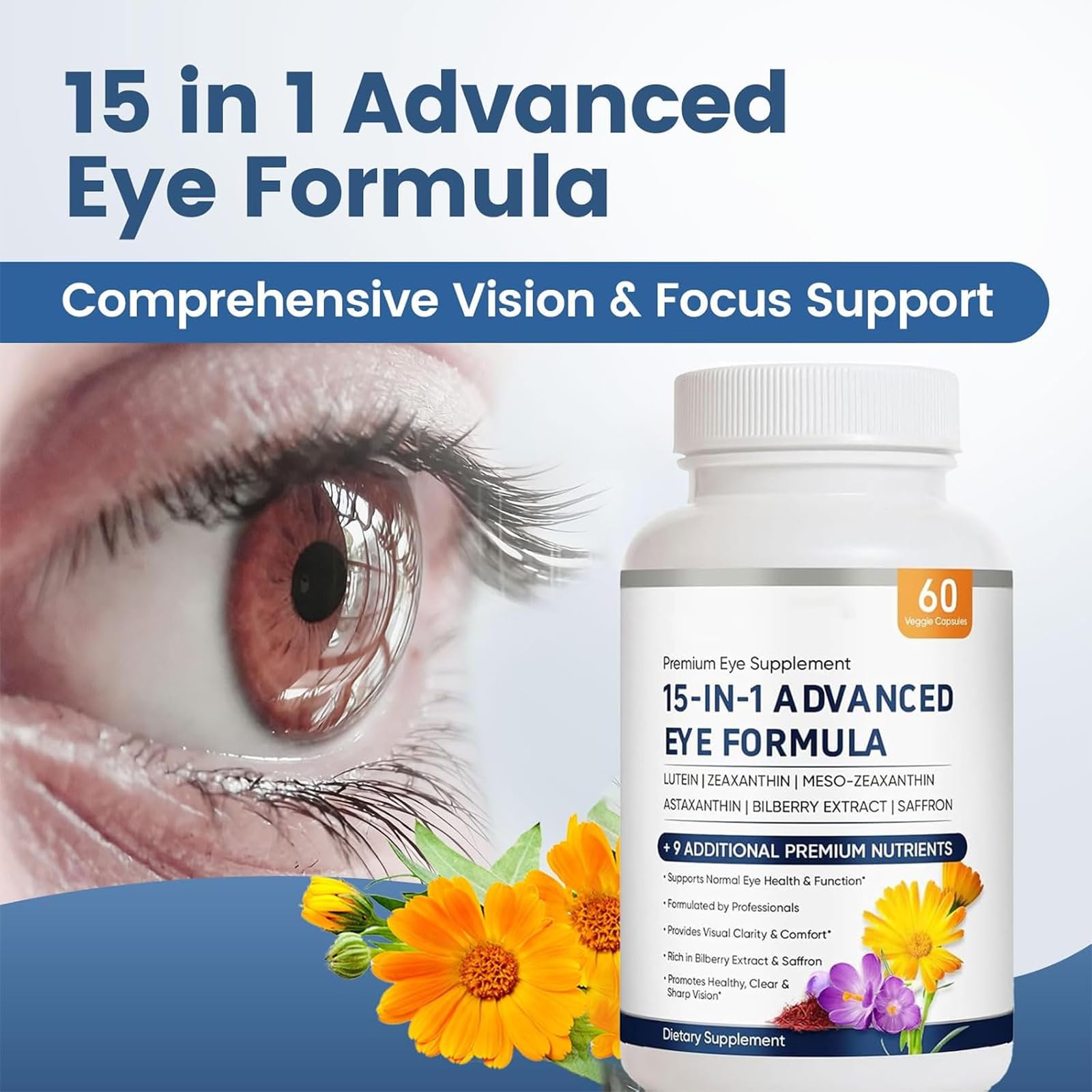 15 in 1 Advanced Eye Formula, Eye Vitamin and Mineral Supplement with Lutein, Zinc, Luteolin, Zeaxanthin & Bilberry Extract, 60 Count (1) — Amazon image 3