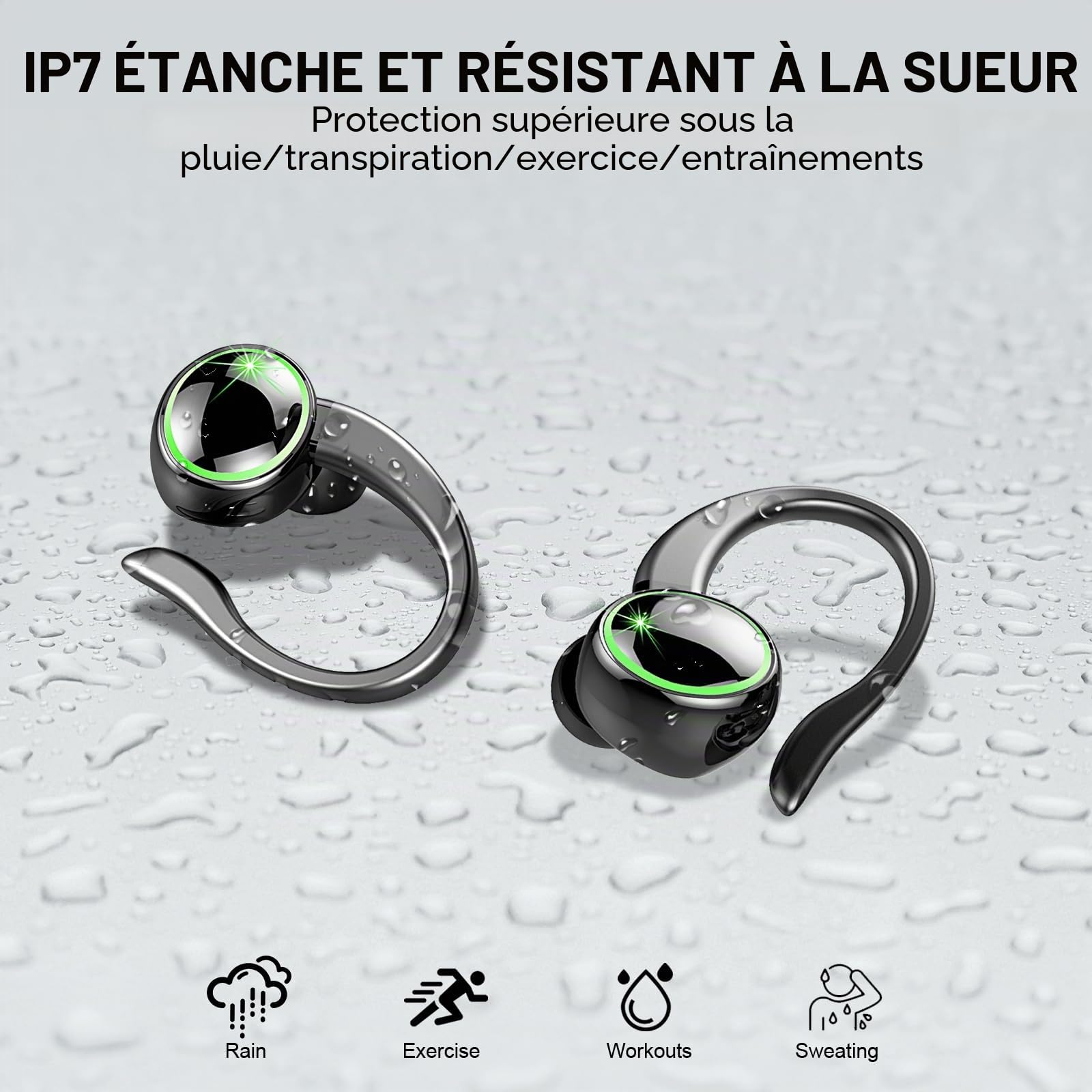Ecouteurs Bluetooth sans Fil Sport, 2026 Écouteur Bluetooth 5.4 avec HiFi Stéréo, 50H Écouteur Bluetooth 4 ENC Réduction Bruit Mic, IP7 Étanche Oreillette Bluetooth, Écran LED Casque pour Running
