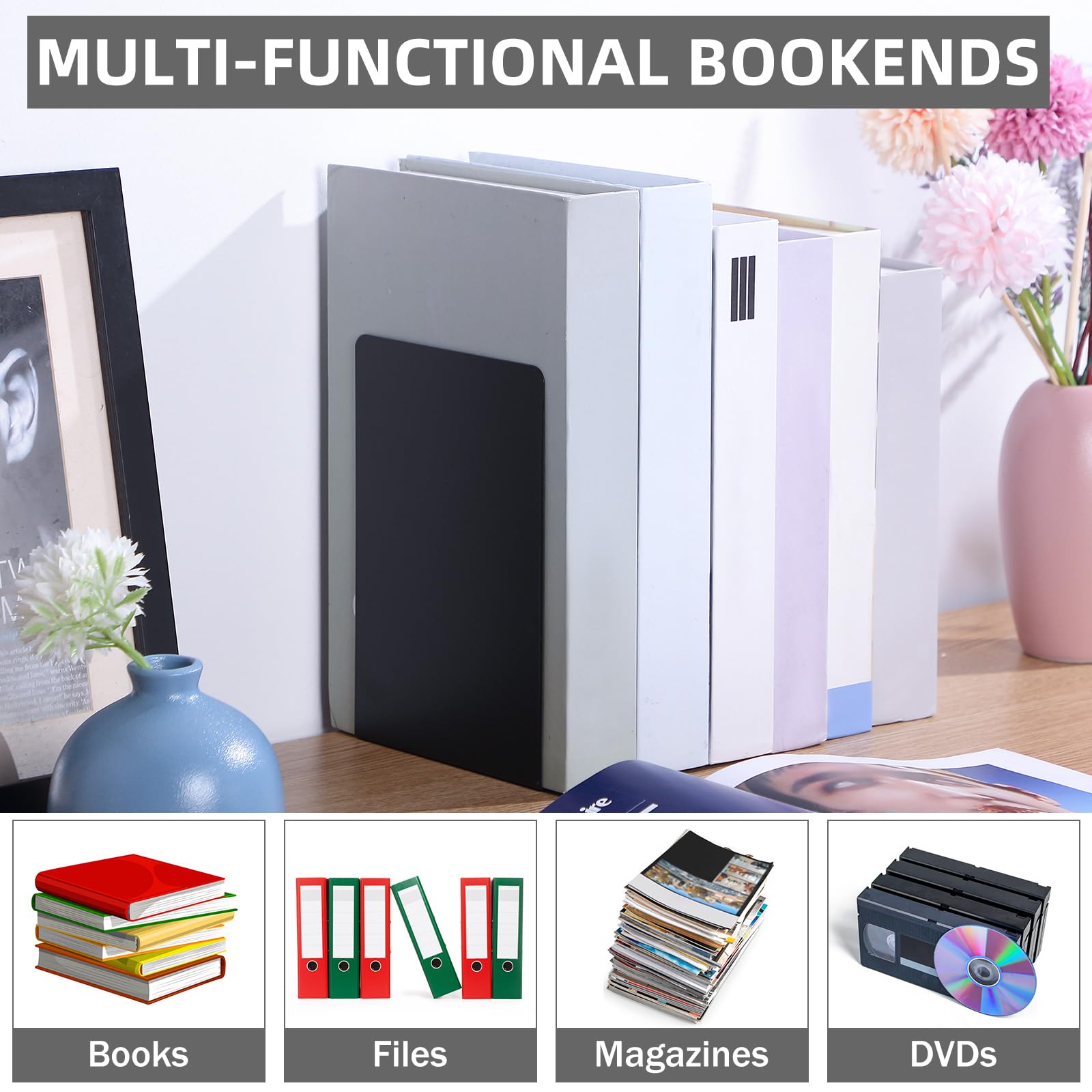 Beeveer 6 paia di fermalibri in metallo, fermalibri per scaffali, ufficio, libreria, libreria, per libri pesanti, scrivania, casa, libreria, scuola (nero)