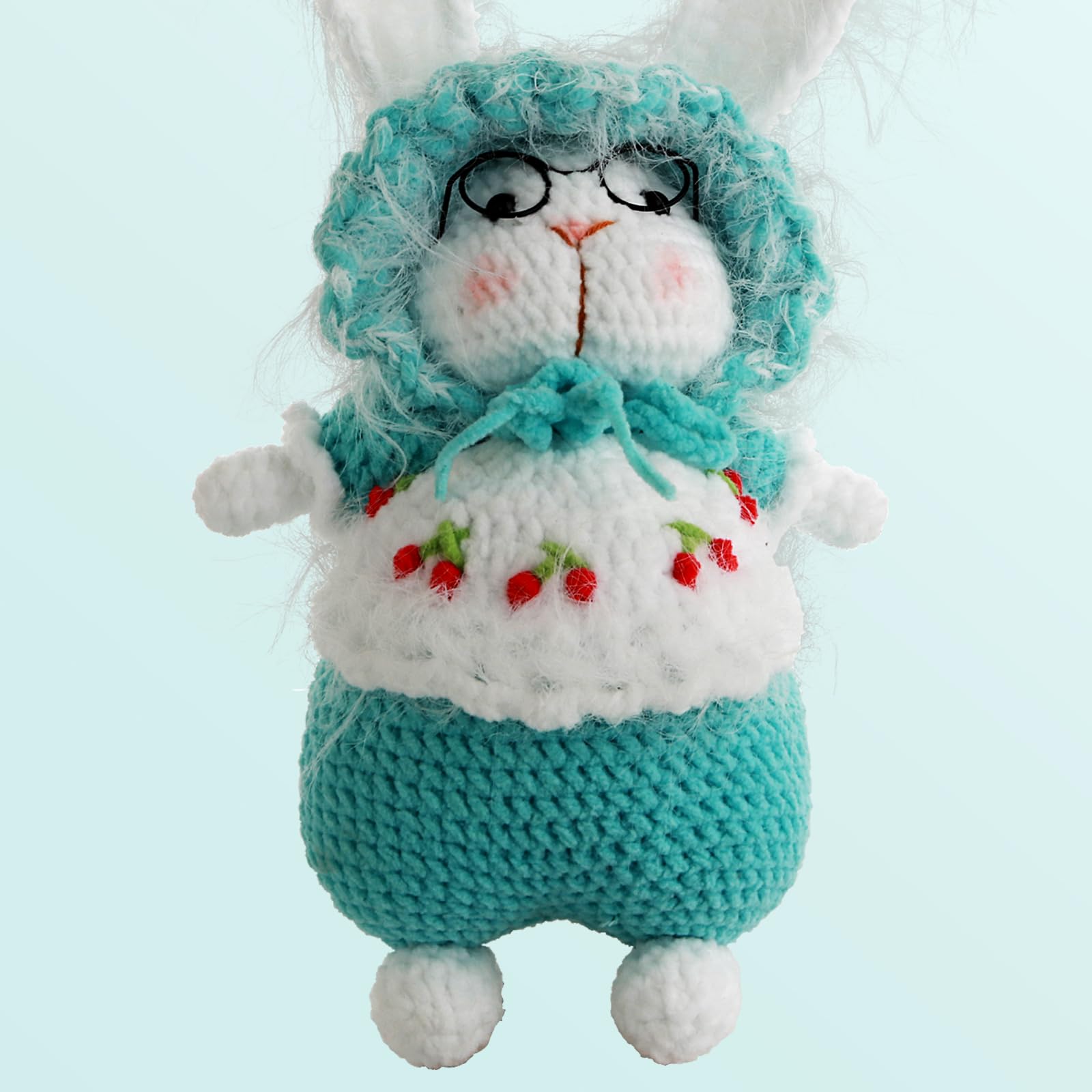 Traxex Crochet Glasses Plush Bunny,Cute Handmade Big Eared Rabbit with Greeting Card and Penguins as Gift,Ideal Gift for Mom Wife and Daughter Desk