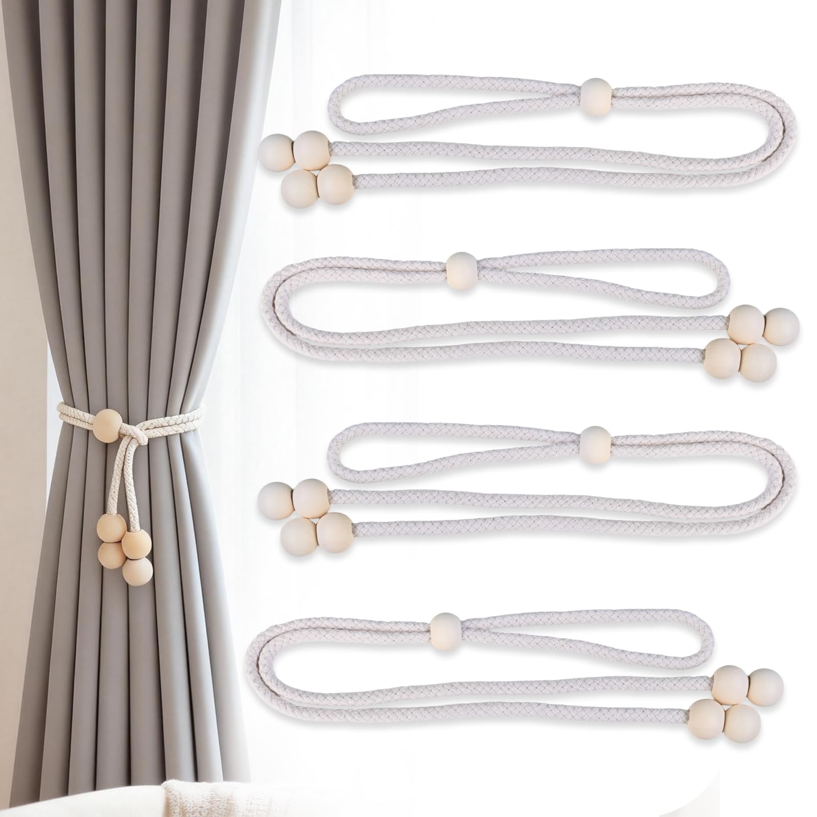 4 pcs Adjustable Curtain Tie Backs Boho Decor Cream Rope Hand-Knitted Curtain Rope Buckle for Home Office Living Room Bedroom