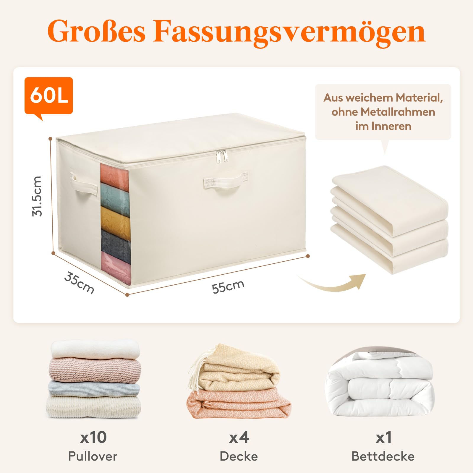 Lifewit 60L Bettdecken Aufbewahrungstasche mit Griffen, Beige, 6 Stück