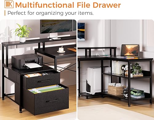 Miniatura 4 de ODK Escritorio en forma de L con cajón de archivos, escritorio reversible en forma de L de 75 pulgadas con toma de corriente y tira LED, escritorio