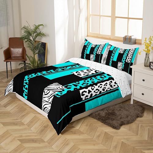 Miniatura 2 de Juego de ropa de cama con estampado de cebra de leopardo, tamaño Queen, para niños, color verde azulado, blanco, negro, juego de funda de edredón