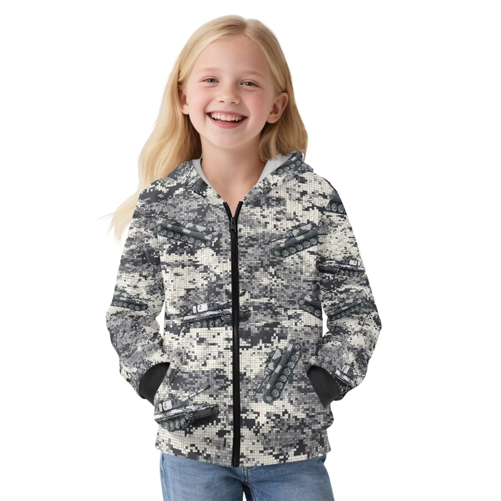 Xoenoiee Dziecięce bluzy z kapturem dla chłopców, zapinana na zamek, bluza 3D, fajna grafika zwierzęca, sweter z długim rękawem, top na jesień i zimę, Szary Camo Cartoon Tank, 6-8 Years