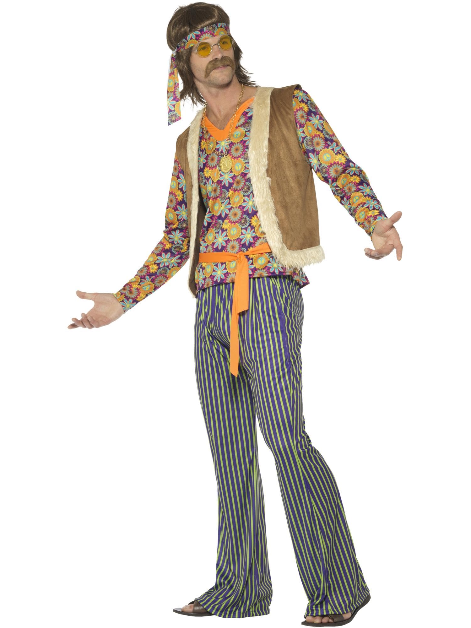 Smiffys - Herren 60er Jahre Sänger Kostüm, Oberteil, Weste, Hose, Gürtel und Kopfband, mehrfarbig Halloween