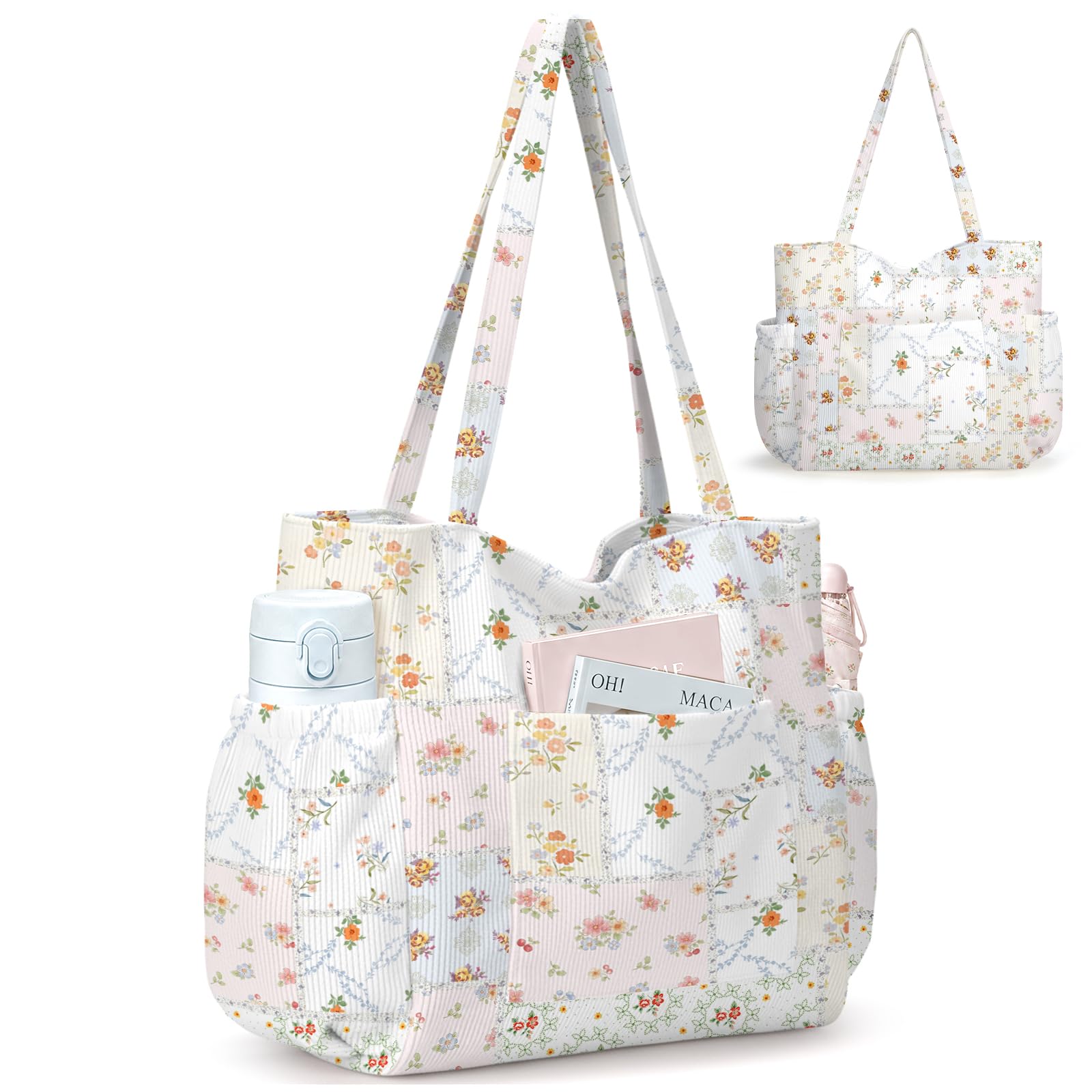 Cottage Garden Patchwork Corduroy Tote Bag for Women Aesthetic Handbag