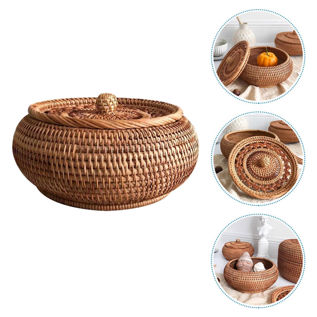 Abaodam Cestino per Conservazione Dolci e Snack Coperchio in Rattan Intrecciato Versatile e Pratico Organizza Stile Camera da Letto o Studio