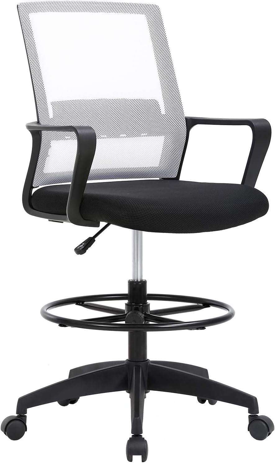 Drafting Chair Tall Office Chair Adjustable Swivel Rolling Mesh Height with Lumbar Support Arms Footrest Mid Back for Adults Standing Desk Drafting Stool (White)