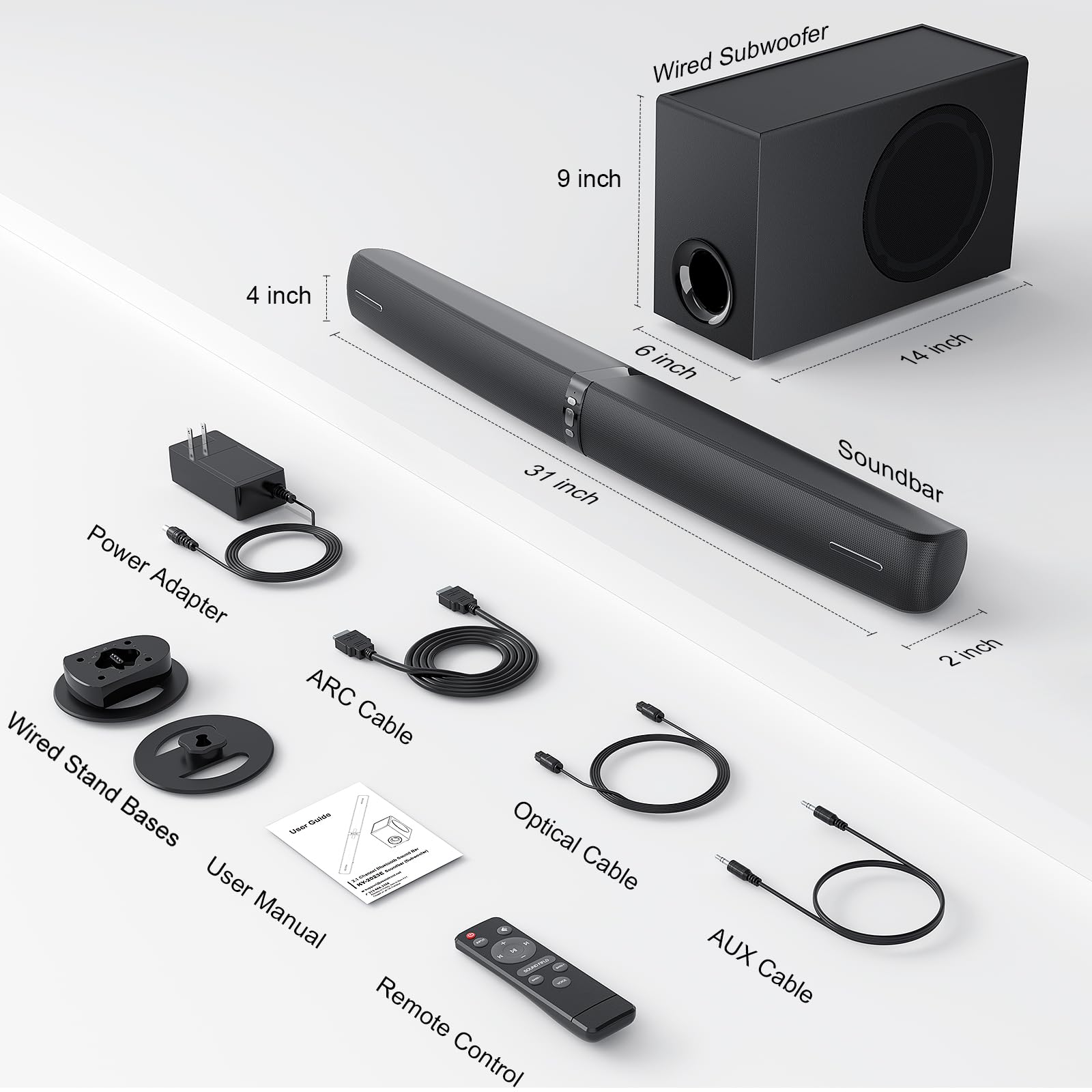 Barra de sonido con subwoofer para dispositivos de TV, 2 en 1, barra de sonido extraíble, 120 W, graves potentes, 3 modos, compatible con Bluetooth 5.3/ARC/Opt/AUX para TV, PC, videojuegos