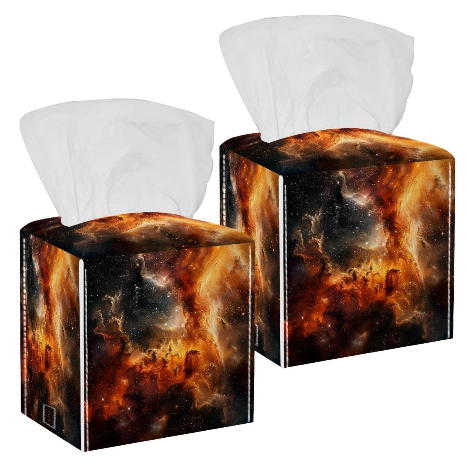 Stars Nebula Tissue Box Cover, 2 Pack PU Leather Square Facial Tissue Dispenser Box holder for Home Office Car