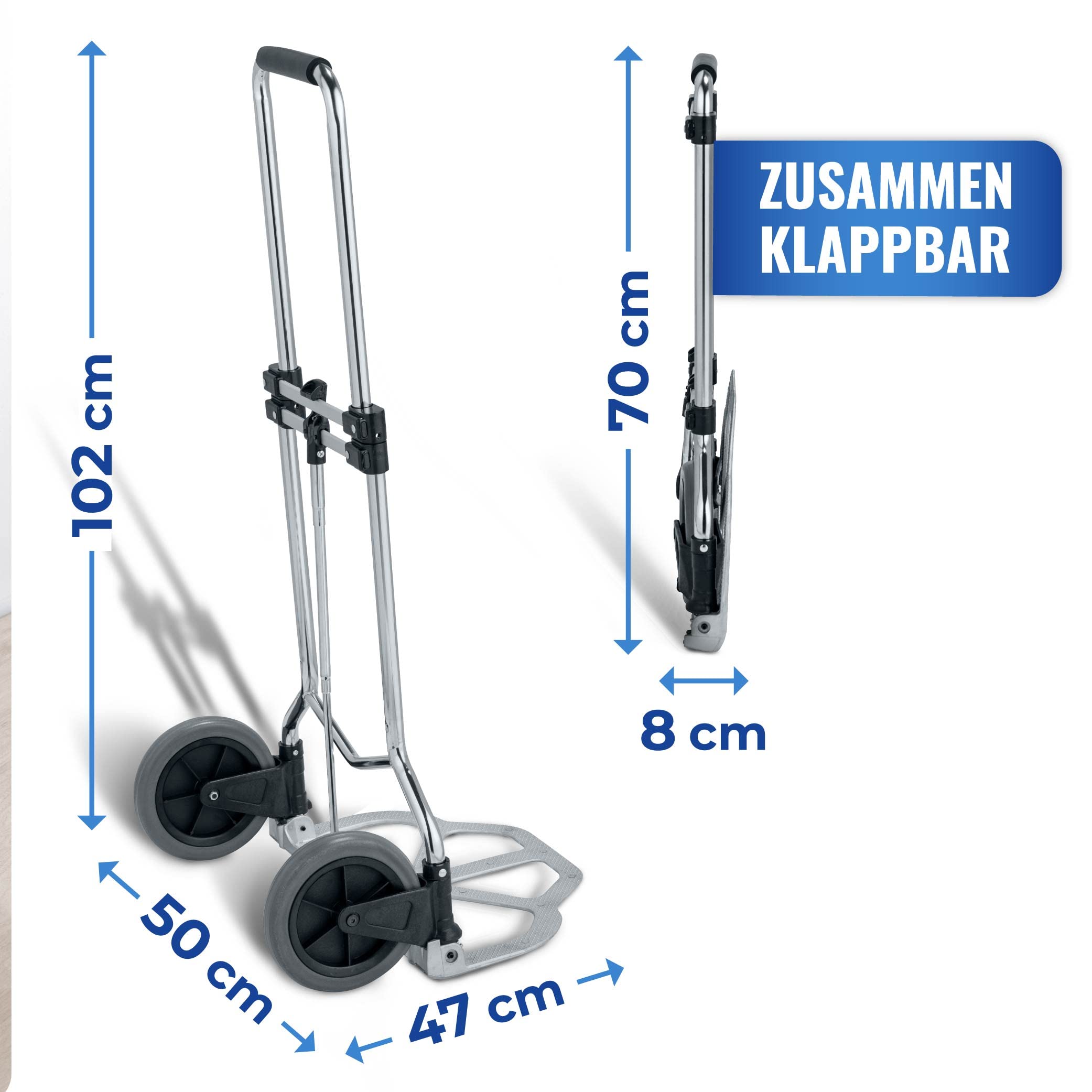 Maximex Transportkarren Slim - Hoch belastbare Transporthilfe bis 80kg, Stahl, 50 x 102 x 47 cm, Silber