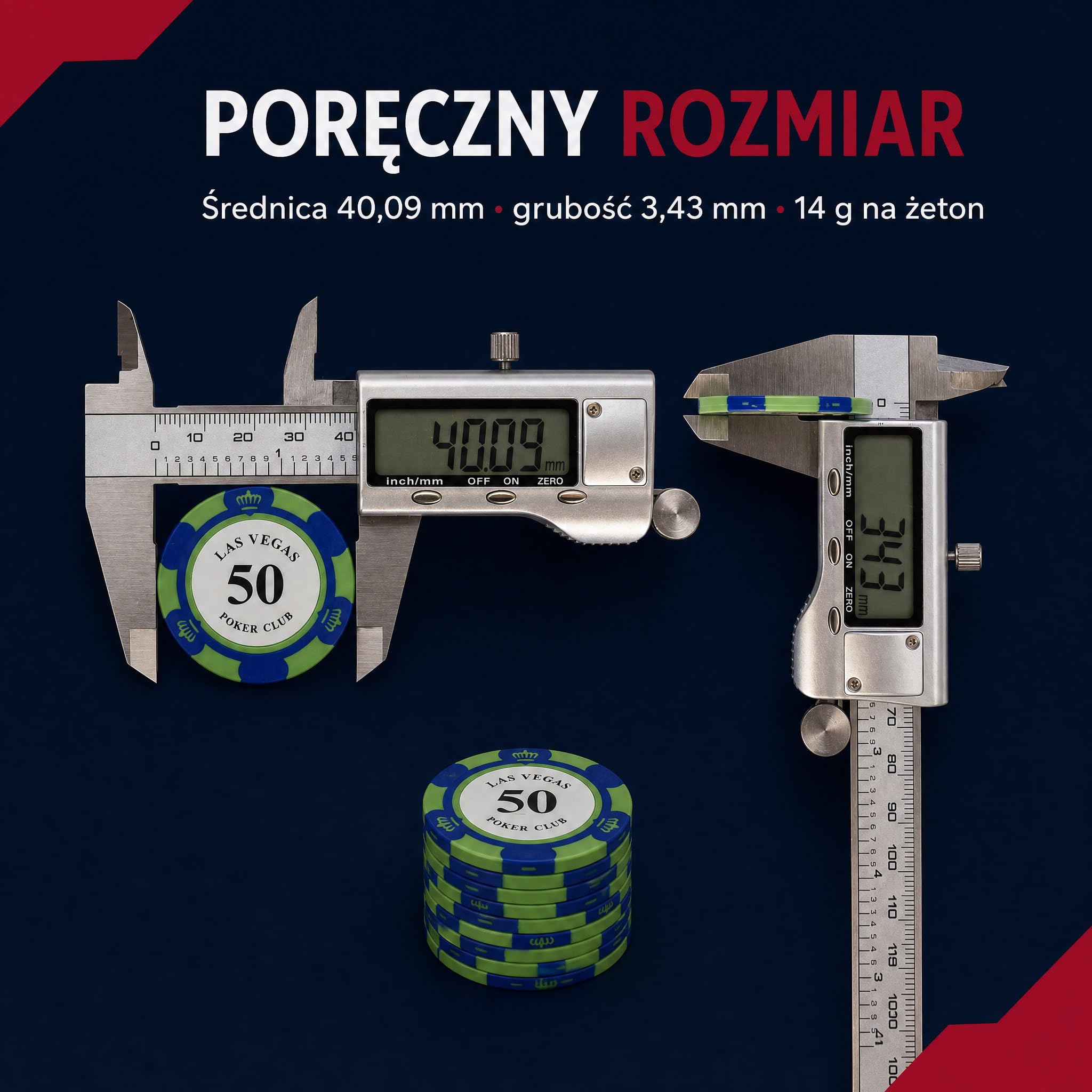 Żetony do pokera 100 szt., nominały 5–100, pudełko akrylowe | Po 20 sztuk nominałów 5, 10, 20, 50 i 100; do blackjacka, Texas Hold’em, ruletki oraz domowych wieczorów kasynowych.