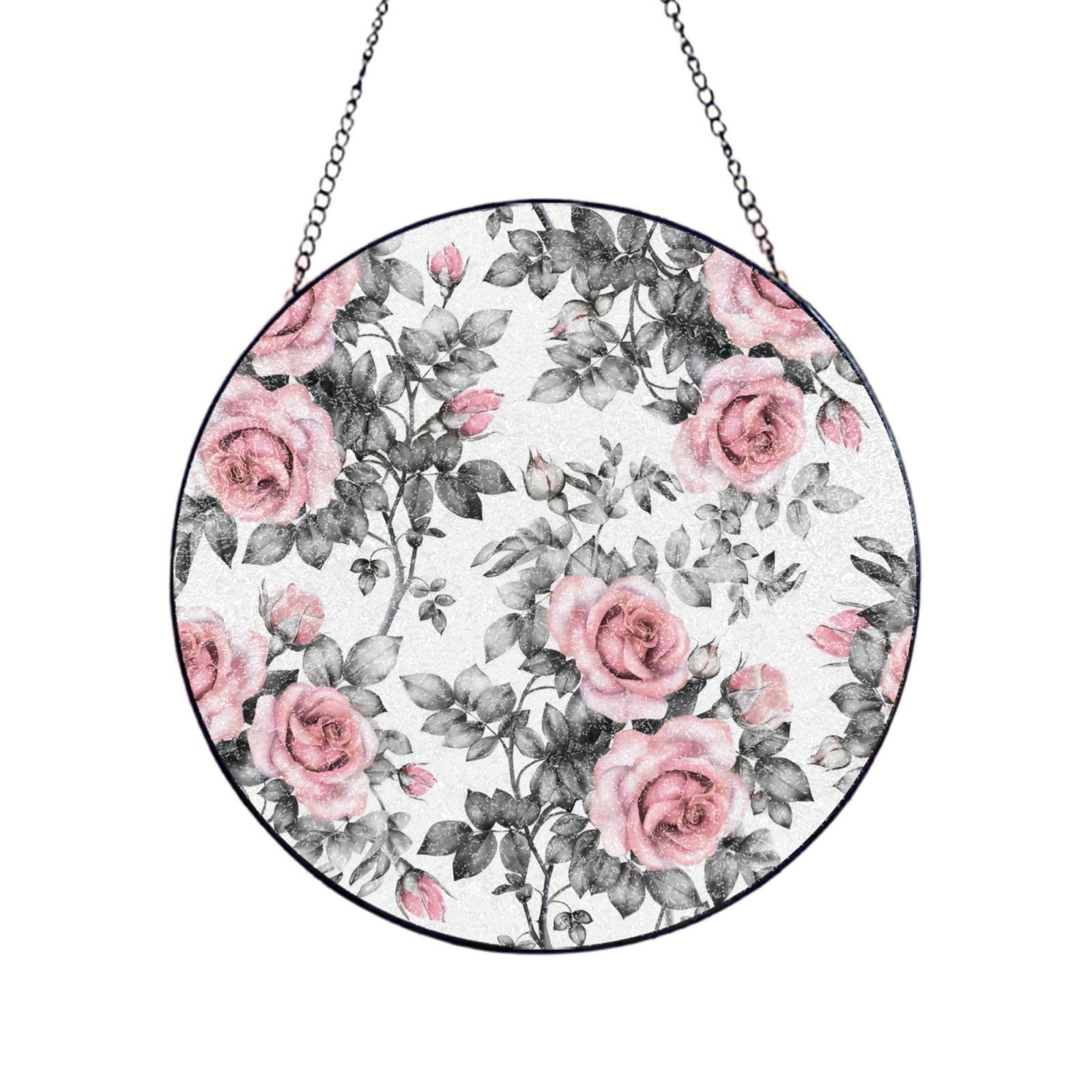Phayah White Watercolor Floral Rose Print Glass Window Hanging Sun Catchers Suncatcher Decor For Birthday For Home Garden Porch 12in（30cm）