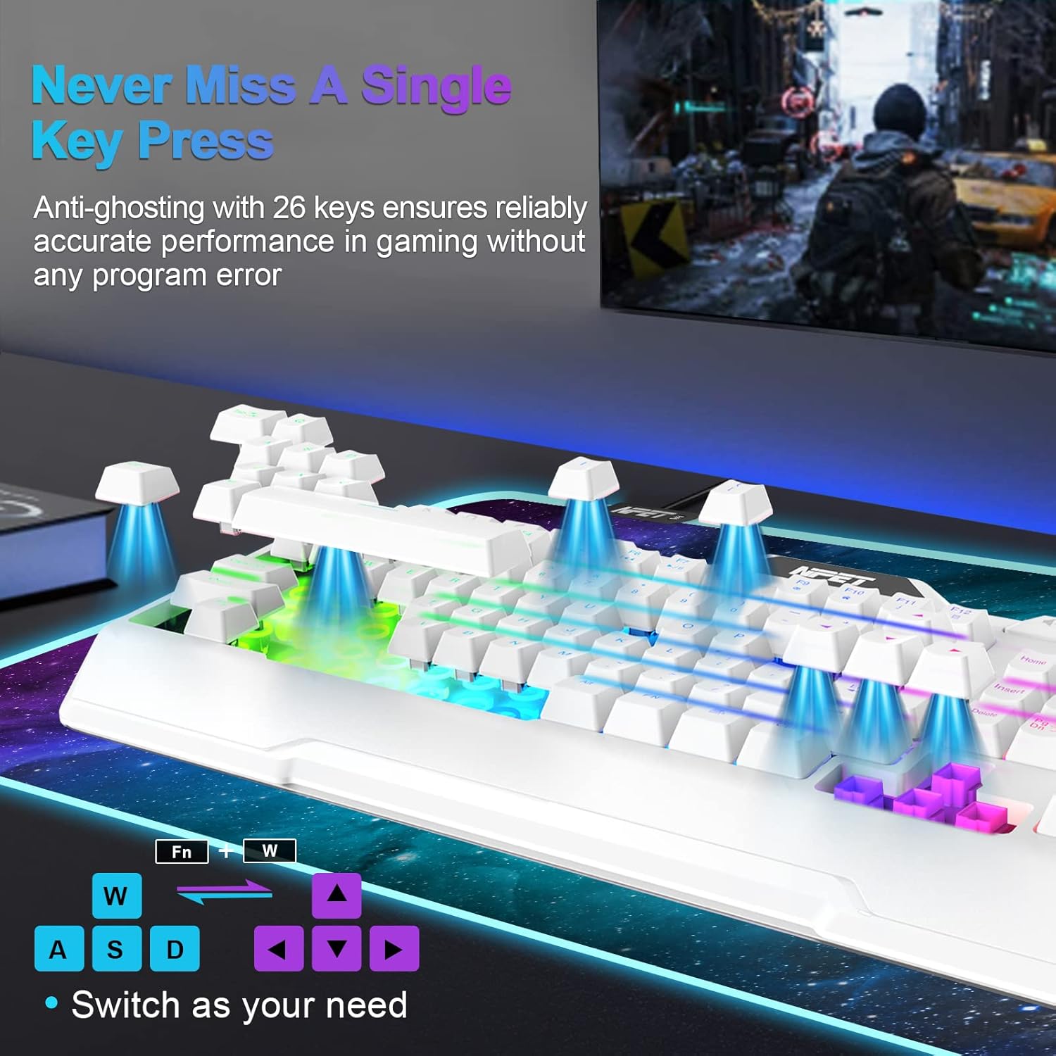 NPET K32 Wireless Gaming Keyboard, LED Backlit, 10 Dedicated Multimedia Keys, 2.4G Rechargeable, Ergonomic, Anti Ghosting, Up to 200 Hours Battery Life, Compatible with Windows/Mac, White