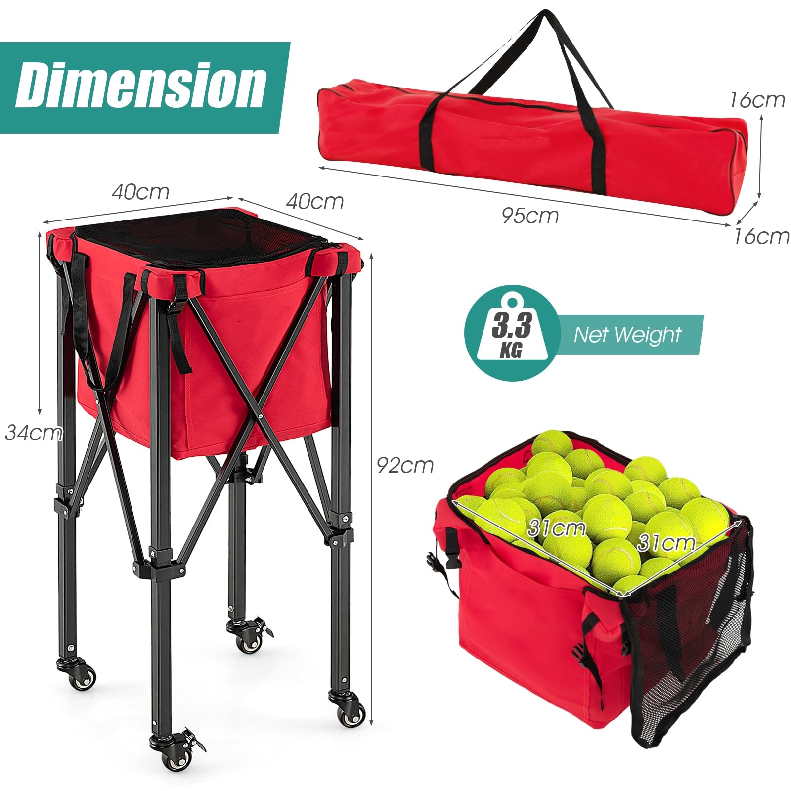 LIFEZEAL Panier à Balles de Tennis avec roulettes, Pliable avec Sac de Transport, pour Adultes, Accessoires d'Entraînement pour 150 Balles de Tennis